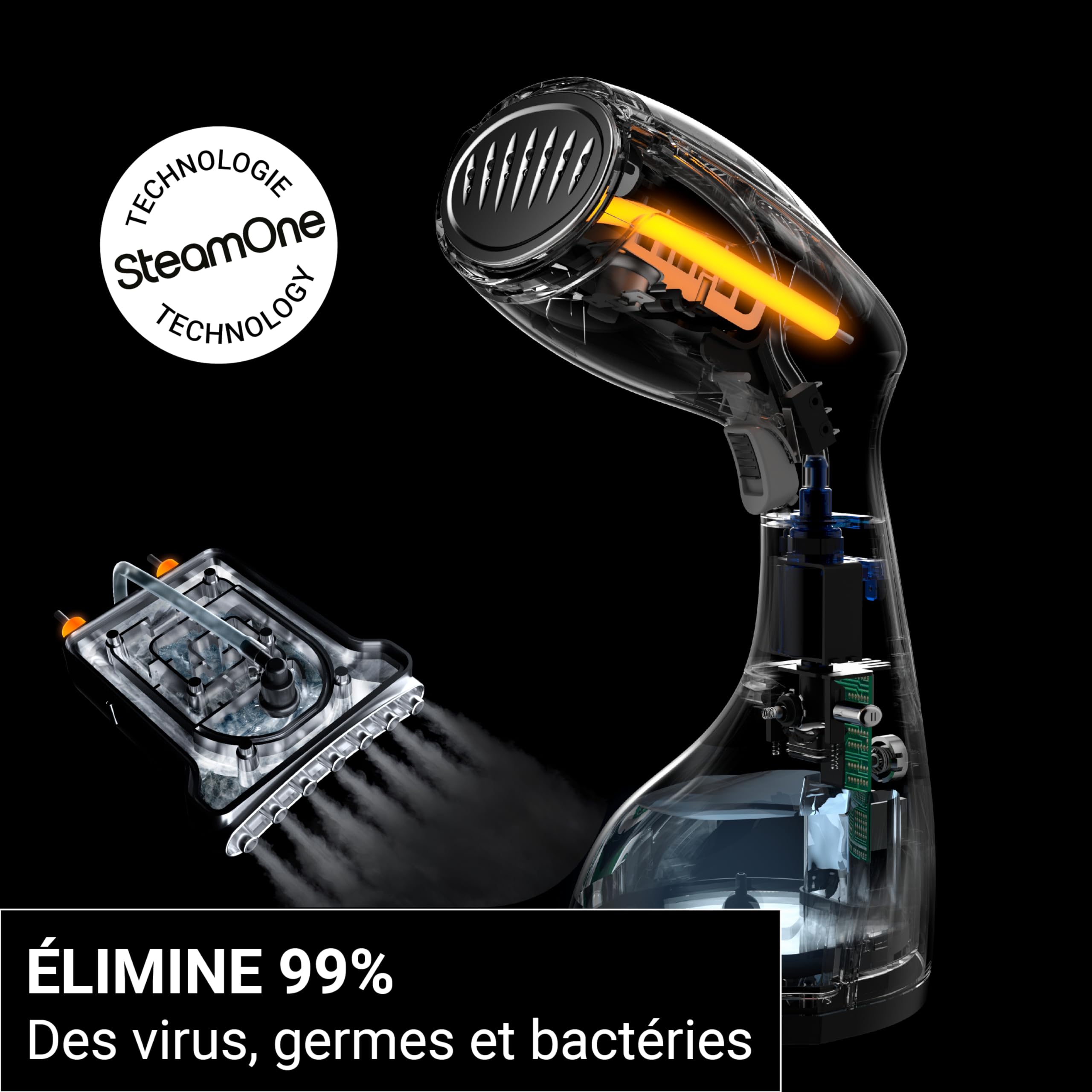 STEAMONE - Defroisseur Vapeur Portatif 1400W 24g/min - Steamer de Voyage, Autonomie 11min (260ml) - Prêt en 30s - Cable 2m - Intuitif et Performant - Tout Tissu EUTAC140B