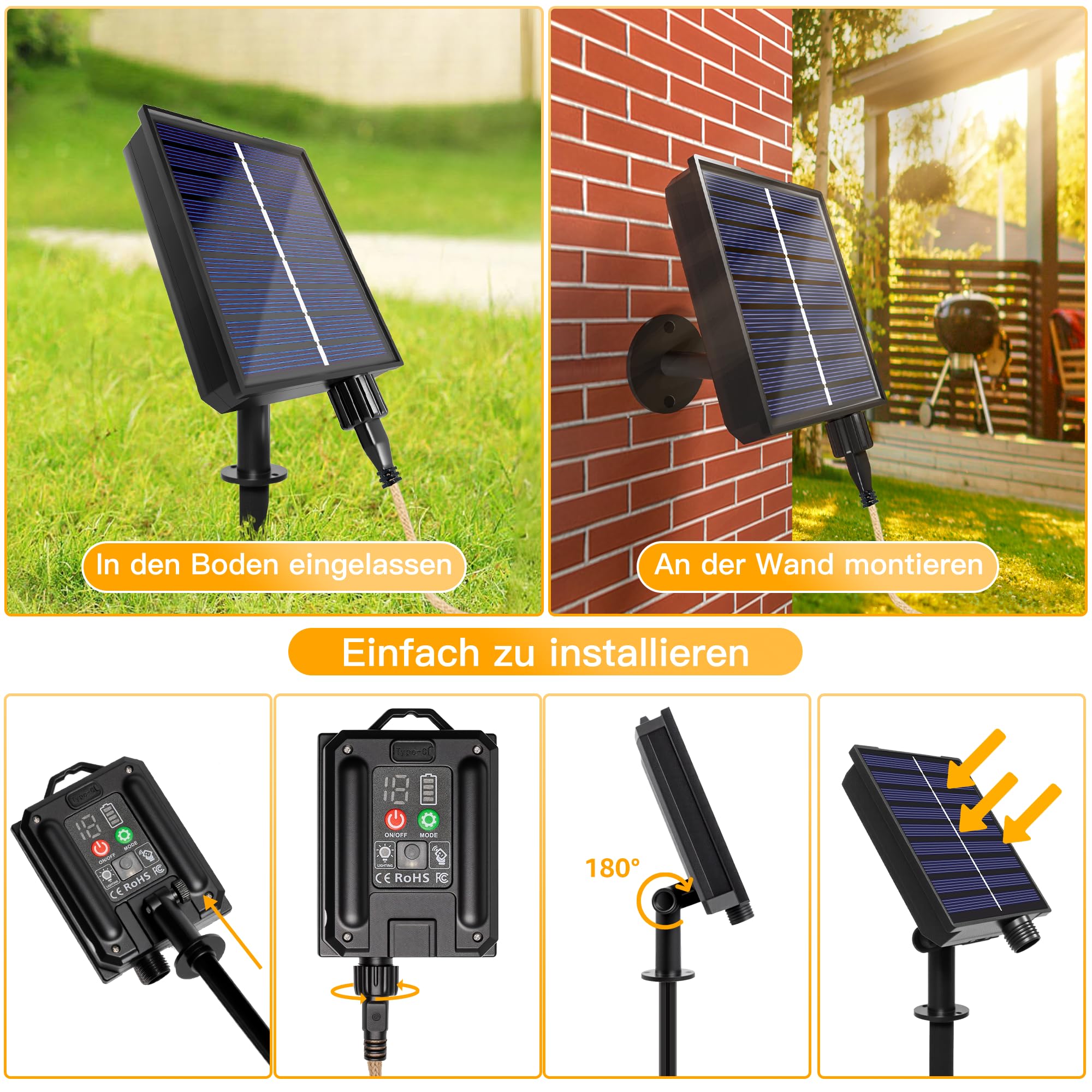 Ollny Solar Lichterkette Aussen 12m 24 Glühbirnen Warmweiß Wetterfest mit Timer Dimmbar 8 Modi Hanfseil