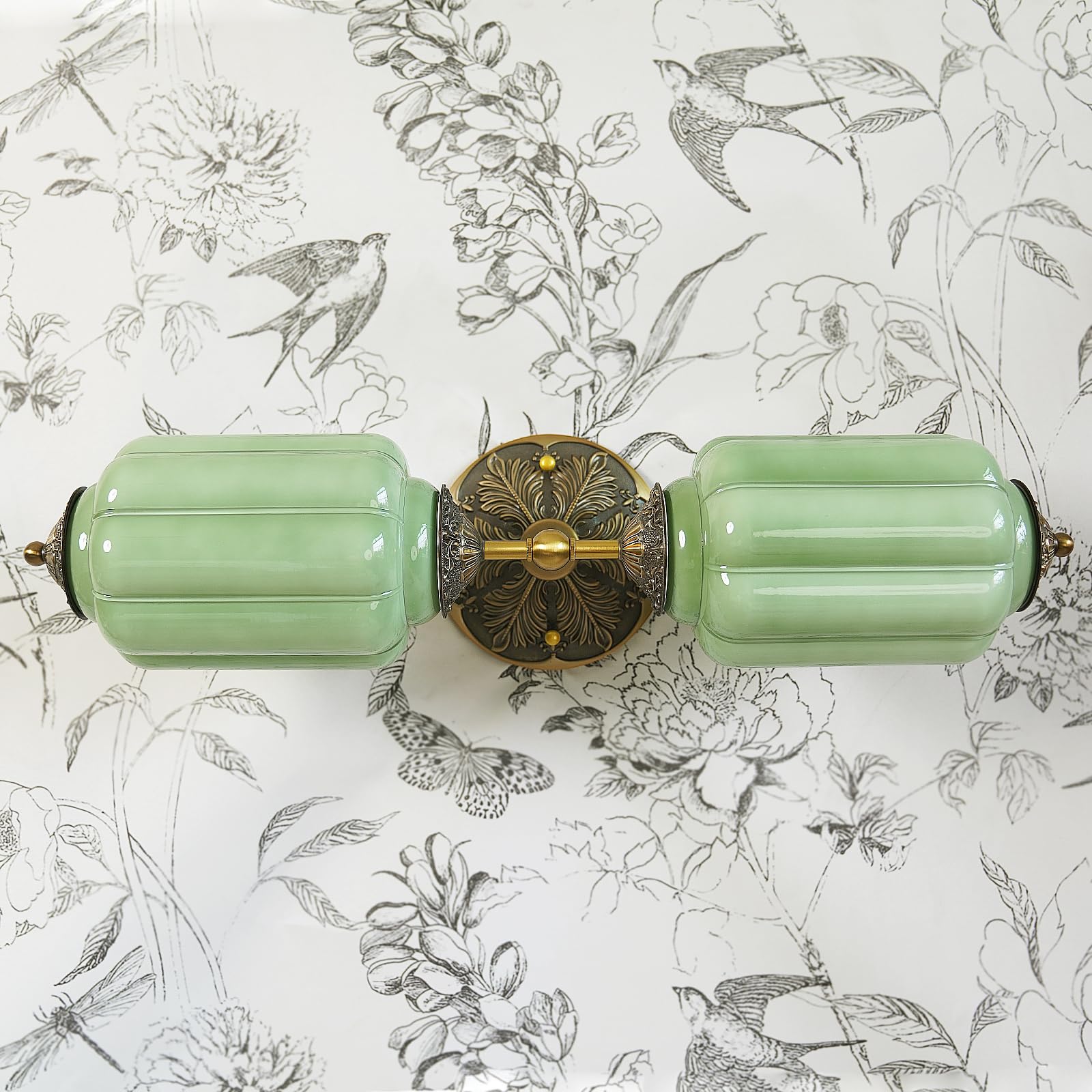 Vintage Milk Glass Bathroom Vanity Light - 2-Light Wall Sconce with Brass Finish Base Green Glass Shade -