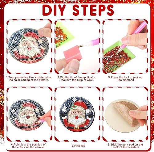 Miniatura 3 de 12 posavasos de arte de diamantes de Navidad, clásicos elementos navideños, posavasos de pintura de diamante con soporte, kit de pintura de