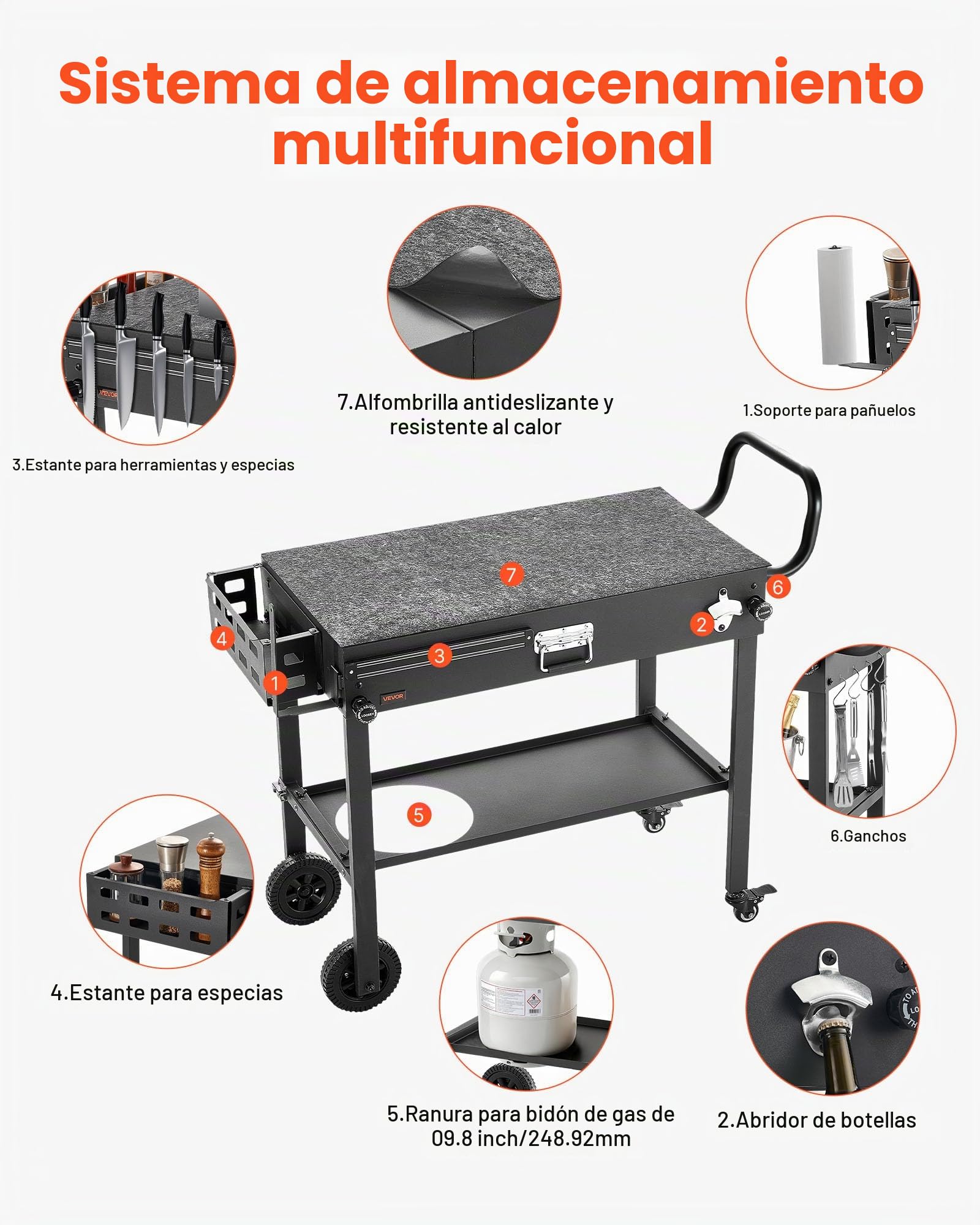 VEVOR Carro de Barbacoa Plegable 787 x 432 mm, Mesa de Barbacoa para Exteriores con Ruedas y Portapañuelos, Carrito con Soporte Magnético para Herramientas, Mesa Auxiliar para Jardín, Picnic, Cocina