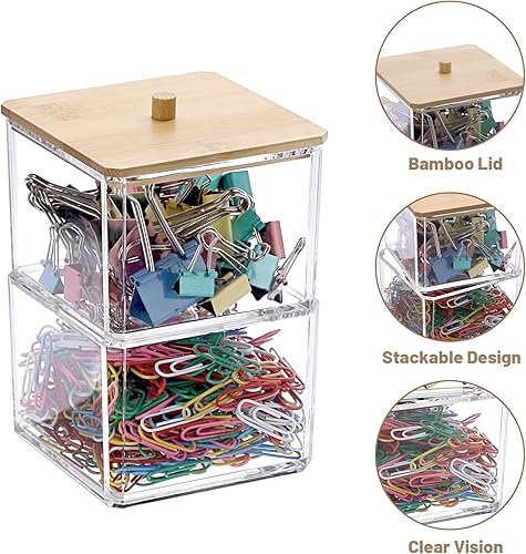 Miniatura 7 de BTSKY Organizador de clips de papel transparente apilable con tapa de bambú de 2 capas, caja de clips de papel, accesorio de oficina de acrílico