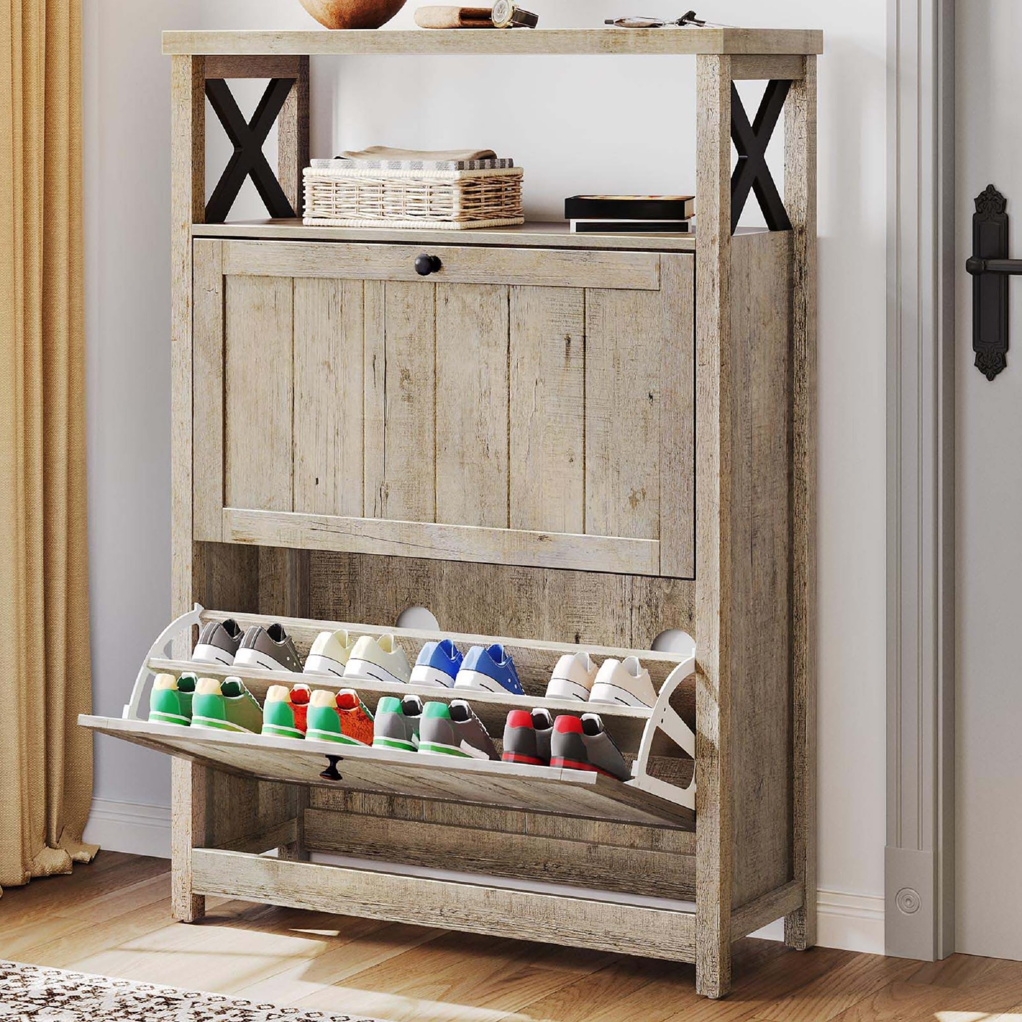 yitahome shoe cabinet with 2 flip drawers, entryway shoe storage cabinet with open shelves, free standing hidden shoe rack storage organizer for entryway/hallway/closet, old oak