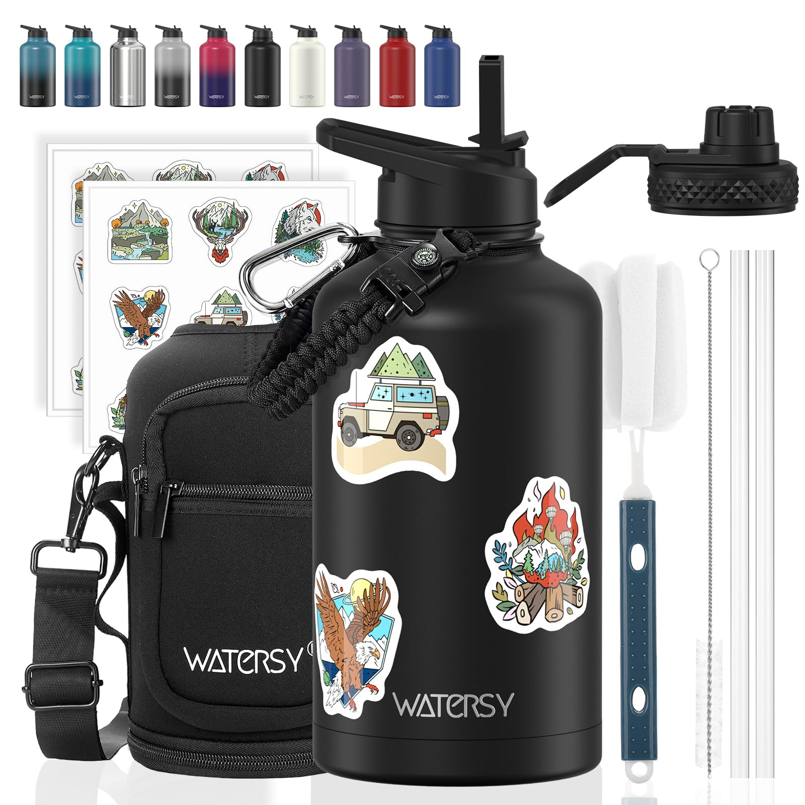 64oz Insulated Water Bottle (Cold for 48 Hrs),BPA Free&Leak Proof,Half Gallon Stainless Steel Water Flask,Water Jug with Straw Spout Lids for Gym,Hiking,Camping,Black