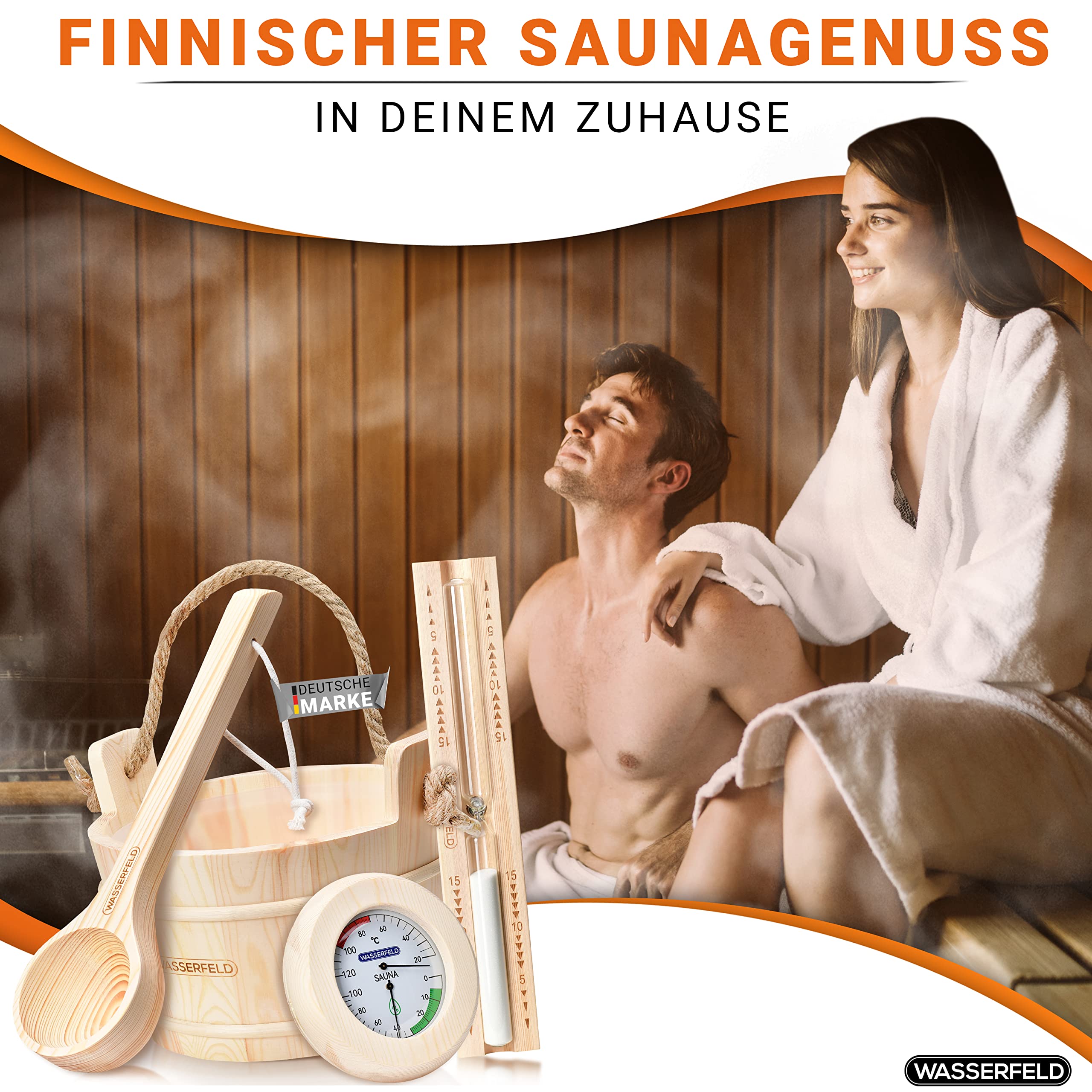 WASSERFELD® Seau de sauna (4 litres) – Seau de sauna de qualité supérieure avec truelle, sablier, thermomètre et hygromètre – Seau de sauna résistant à la chaleur de 4 l avec insert et corde de