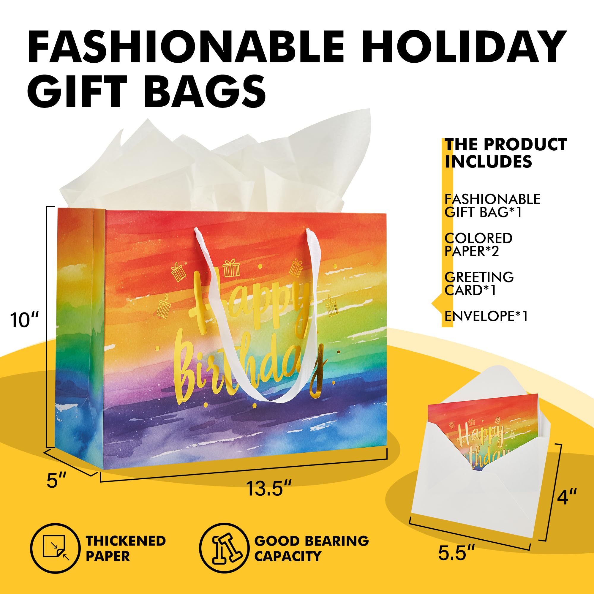 RACETOP 13" Large Happy Birthday Gift Bag with Handle, Tissue Paper and Card, Birthday Bags for Boys, Girls, Men, Women, Party