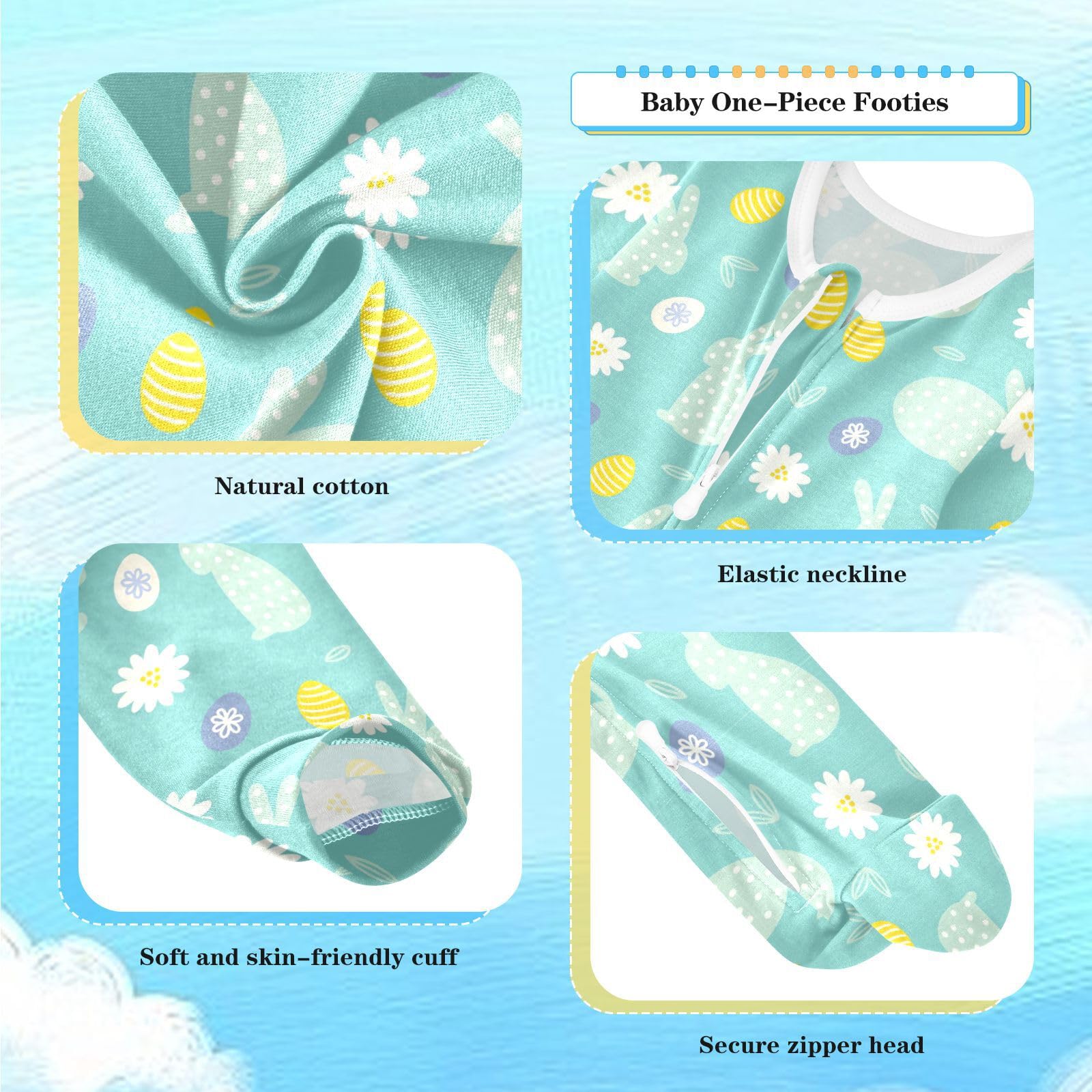 Dussdil Easter Rabbit Eggs Leaves Baby One-Piece Footies Chamomile Newborn Rompers Pajamas Cotton Footed Pjs for Sleep Play Boys Girls 6 Month