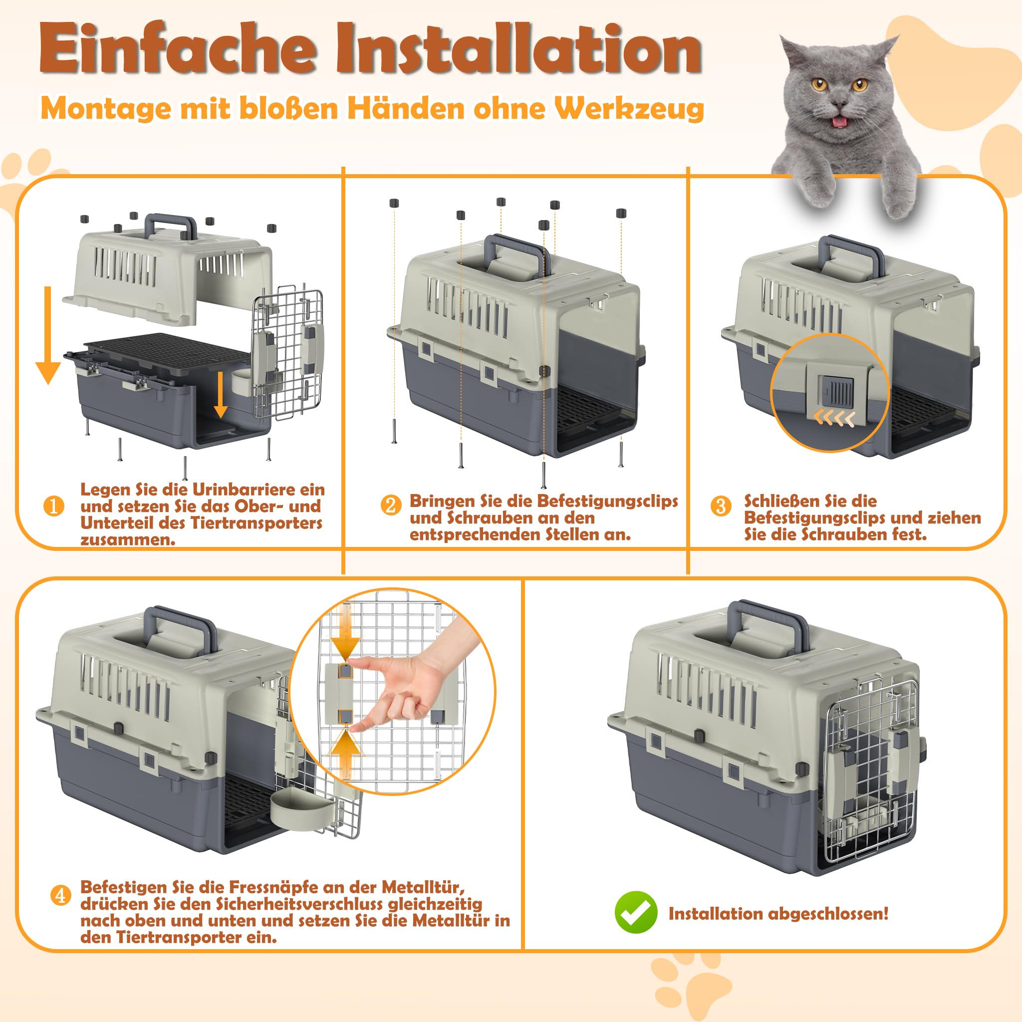 Boîte de transport en plastique pour chien et chat - 60 x 39,5 x 44 cm - Avec récipient de nourriture et séparateur d'urine - Boîte de transport pour animaux - Gris foncé