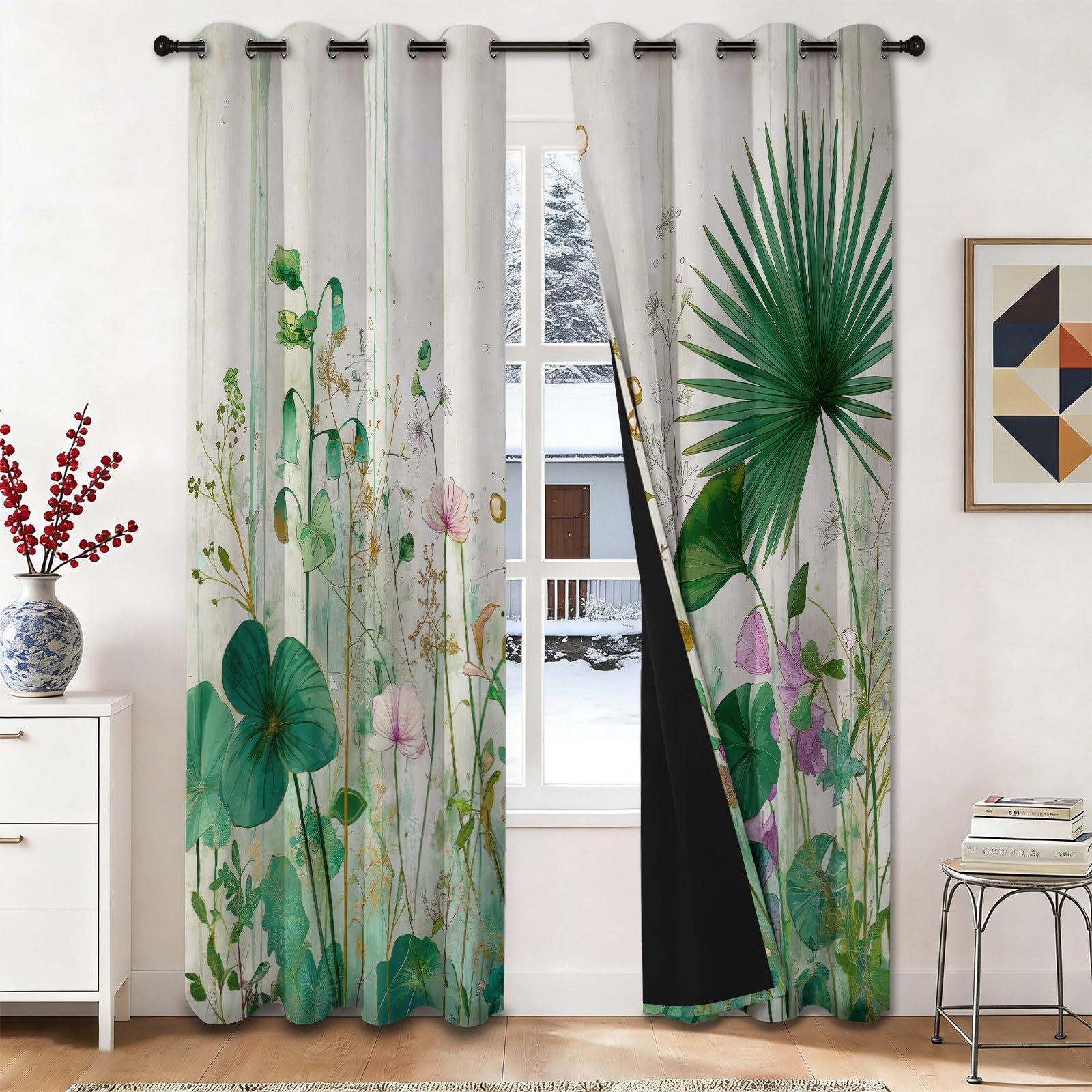 Akwarelowe, botaniczne liście palmowe, scena natura, zasłony na przelotkach szer. 117 cm x dł. 137 cm (2 panele), 100% blokada światła, 240 g/m², miękki materiał zapewnia najwyższą prywatność w