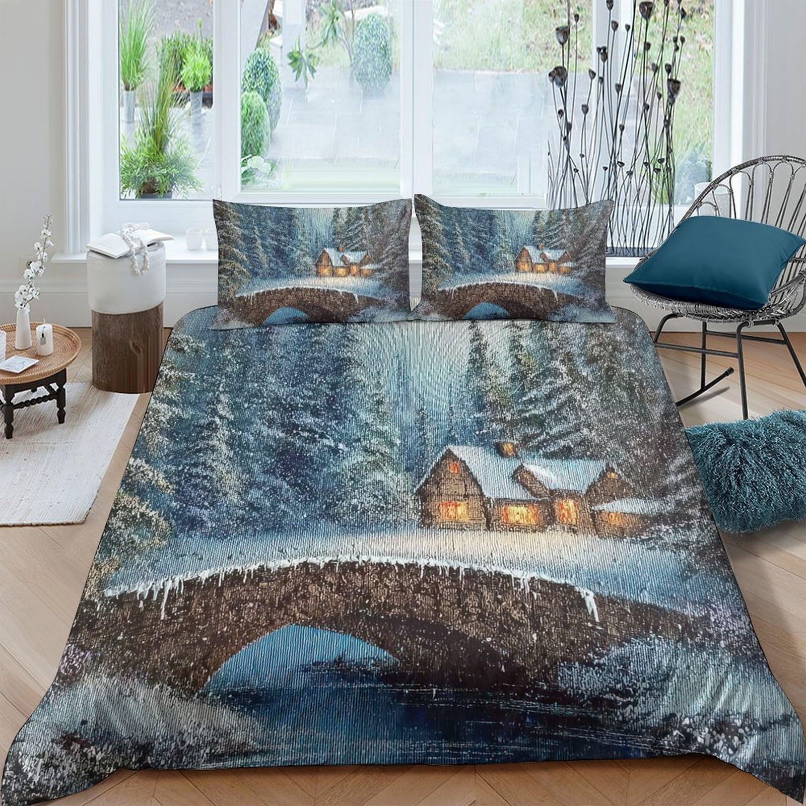 Ctjqhvkz Style-10 3D Printed Winter Cabin Fitted Sheet Microfiber Soft Scenic Forest Bridge Mattress Cover For Bedroom Guest Room Decor Single（135X200cm）