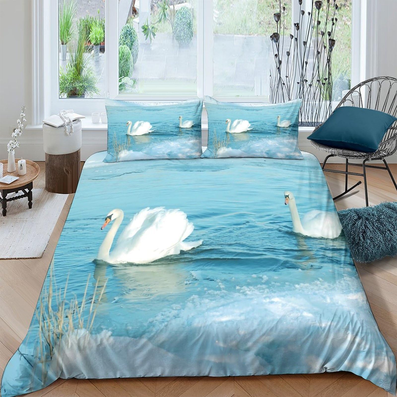 Ctjqhvkz Style-3 3D Printed Swan Lake Fitted Sheet Microfiber Blue Water Mattress Cover Anti-Slip Bedroom Decor Machine Washable Single（135X200cm）