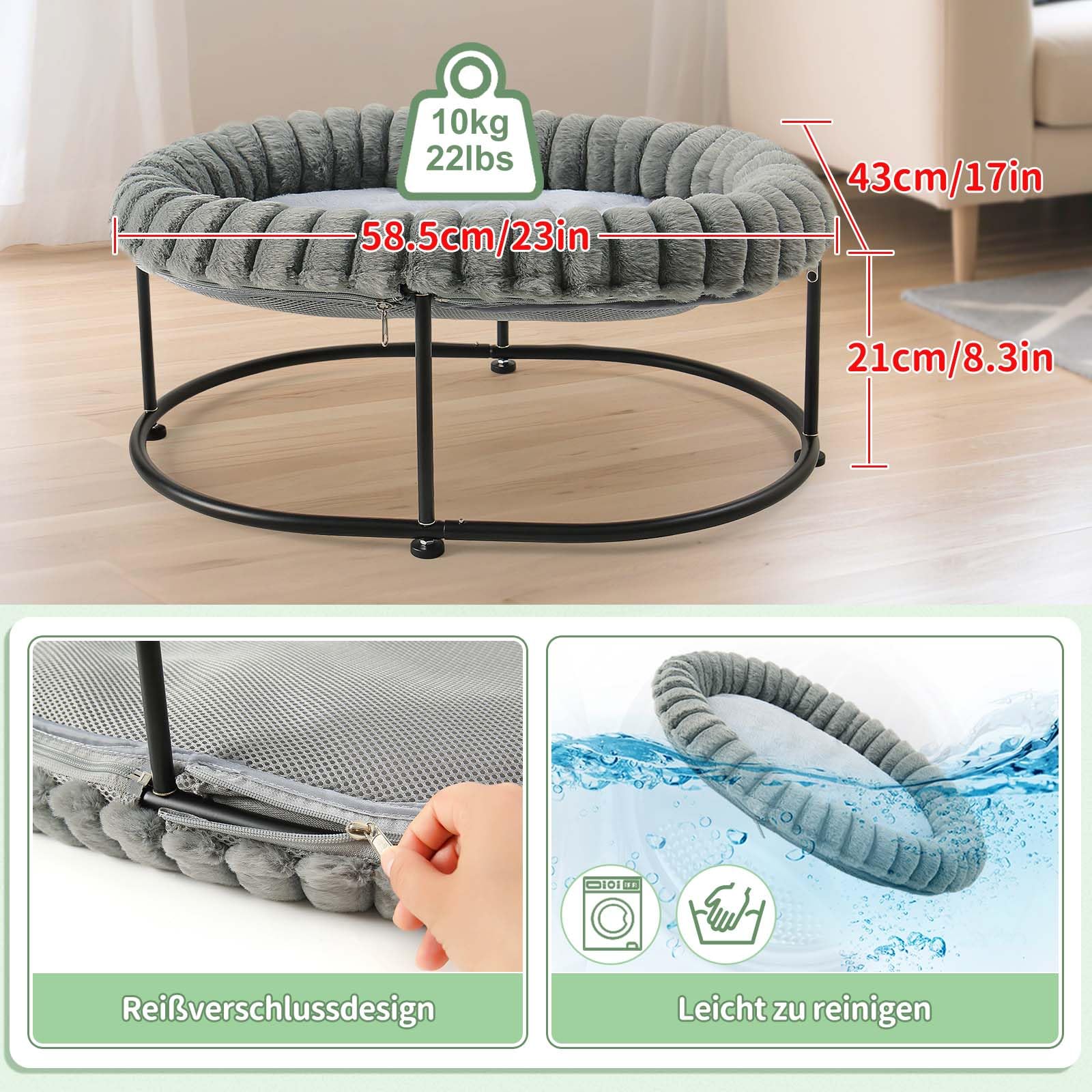 GUUSII HOME Erhöhtes Katzenbett katzenhängematte für Große Katzen Bett Katzenliege Kätzchen Hängematte Katzensofa Hohes Welpenbett Couch mit Robust Metallrahmen Waschbares Kissen 58.5*43*21 cm (Grau)