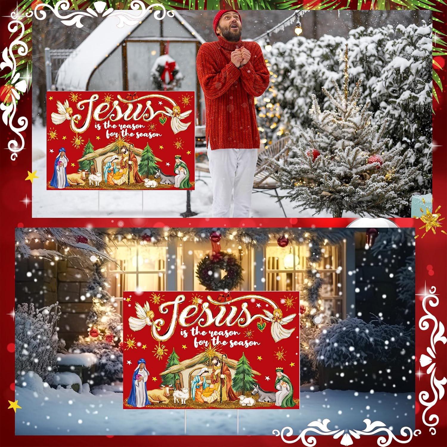 Pickmesh 24 x 16 Inch Jesus Is the Reason for the Season Sign with H Stake Christmas Holy Nativity Yard Sign Outdoor Decorations Religious Lawn Decor for Xmas Holiday Church Party Decoration(Classic)