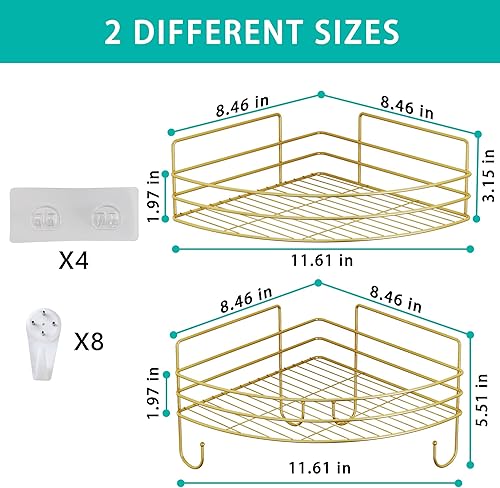 Miniatura 2 de Estantes esquineros de ducha con 4 ganchos, organizadores de ducha de baño de acero inoxidable de 2 niveles, estantes montados en la pared, sin