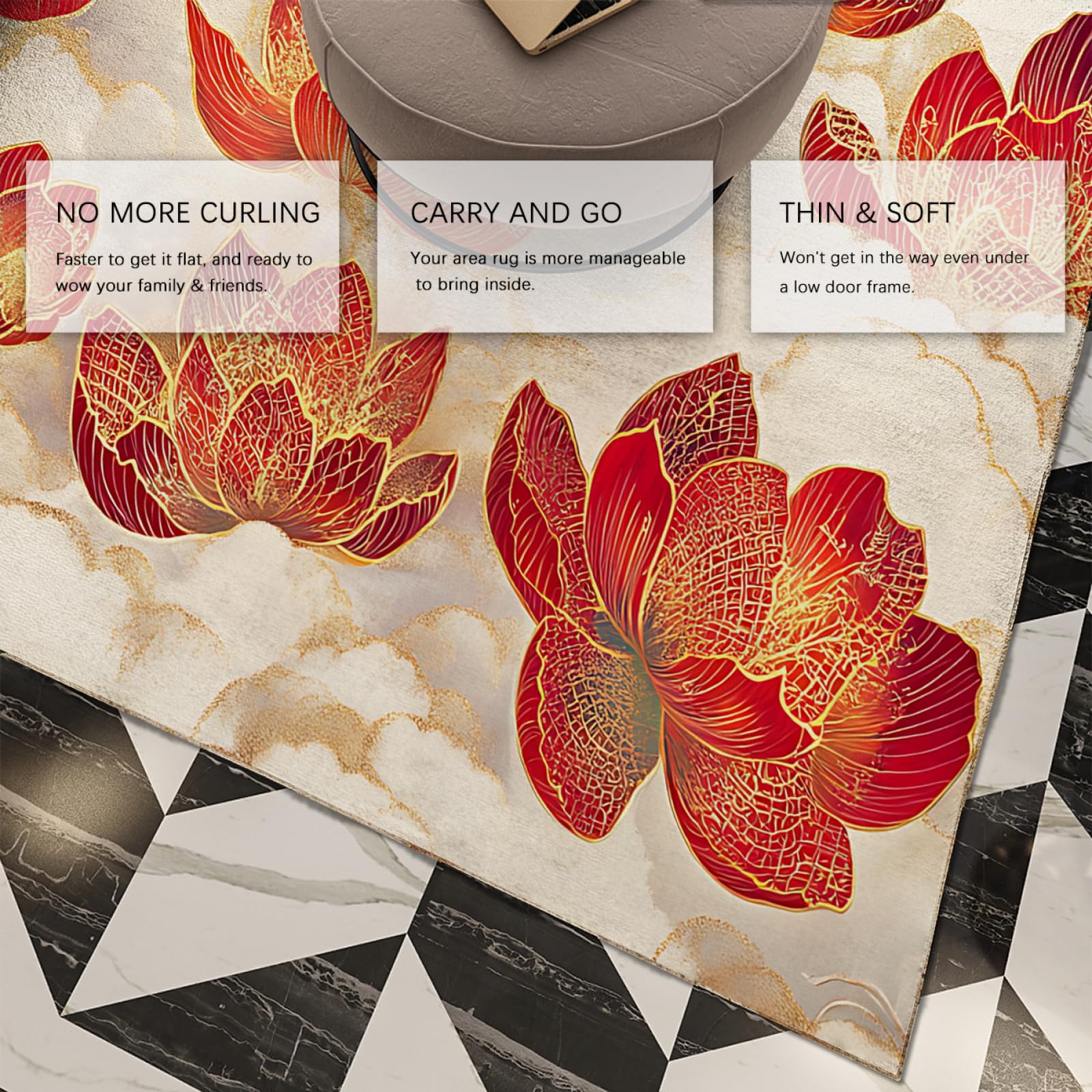Orientalischer Retro-Teppich Maschinenwaschbarer Goldener roter Lotus und weißer Wolkenteppich für Küche Esszimmer Wohnzimmer niedriger Flor 100x150cm