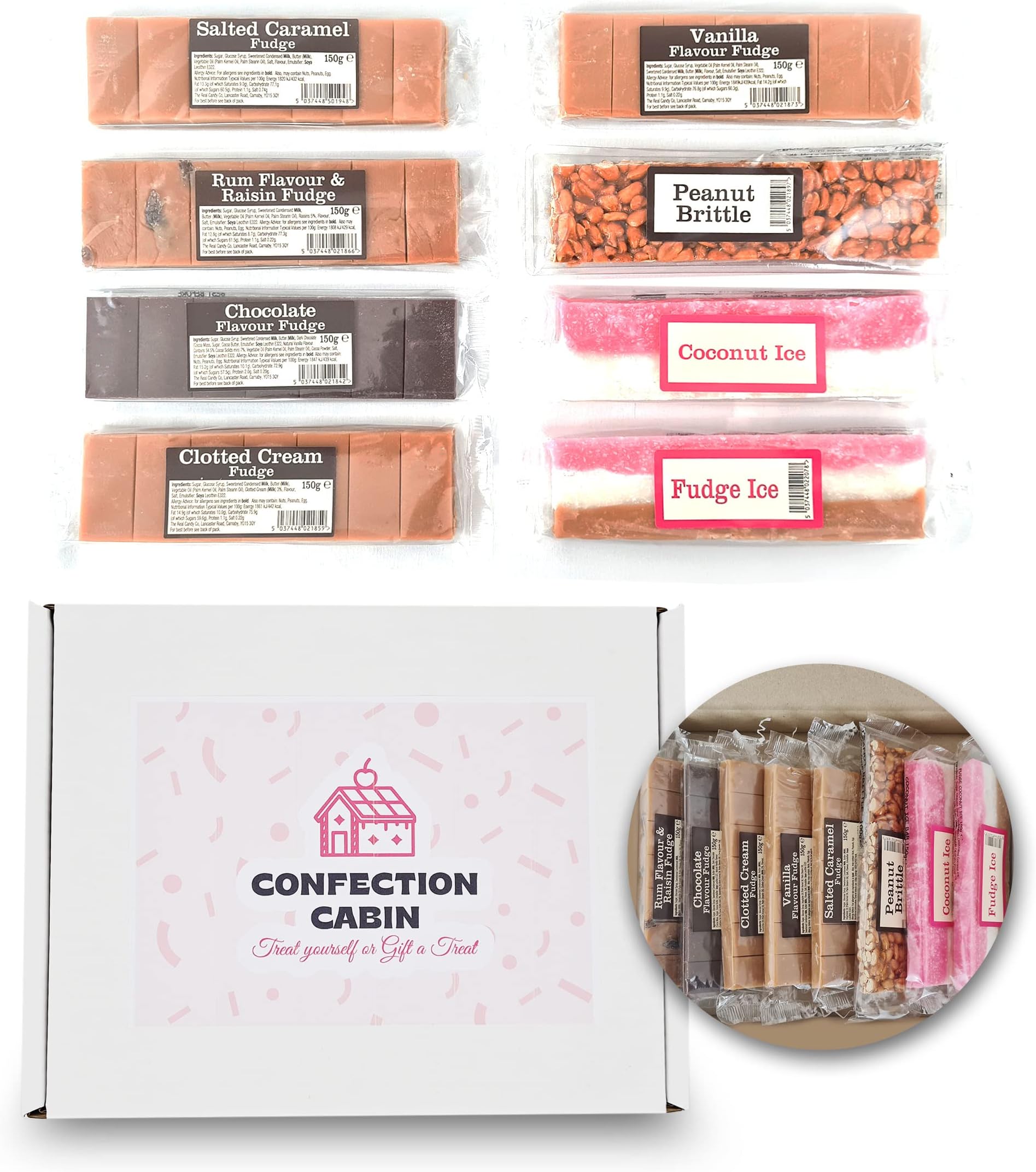 Fudge Gift Set - Fudge Hamper Selection Box 8 bars (100-130g) | 5 Fudge Bars Plus 3 More (Fudge Ice, Coconut Ice & Peanut Brittle) | Fudge Gift Box | Gifts for Dad, Grandad, Father, Step Dad, Men