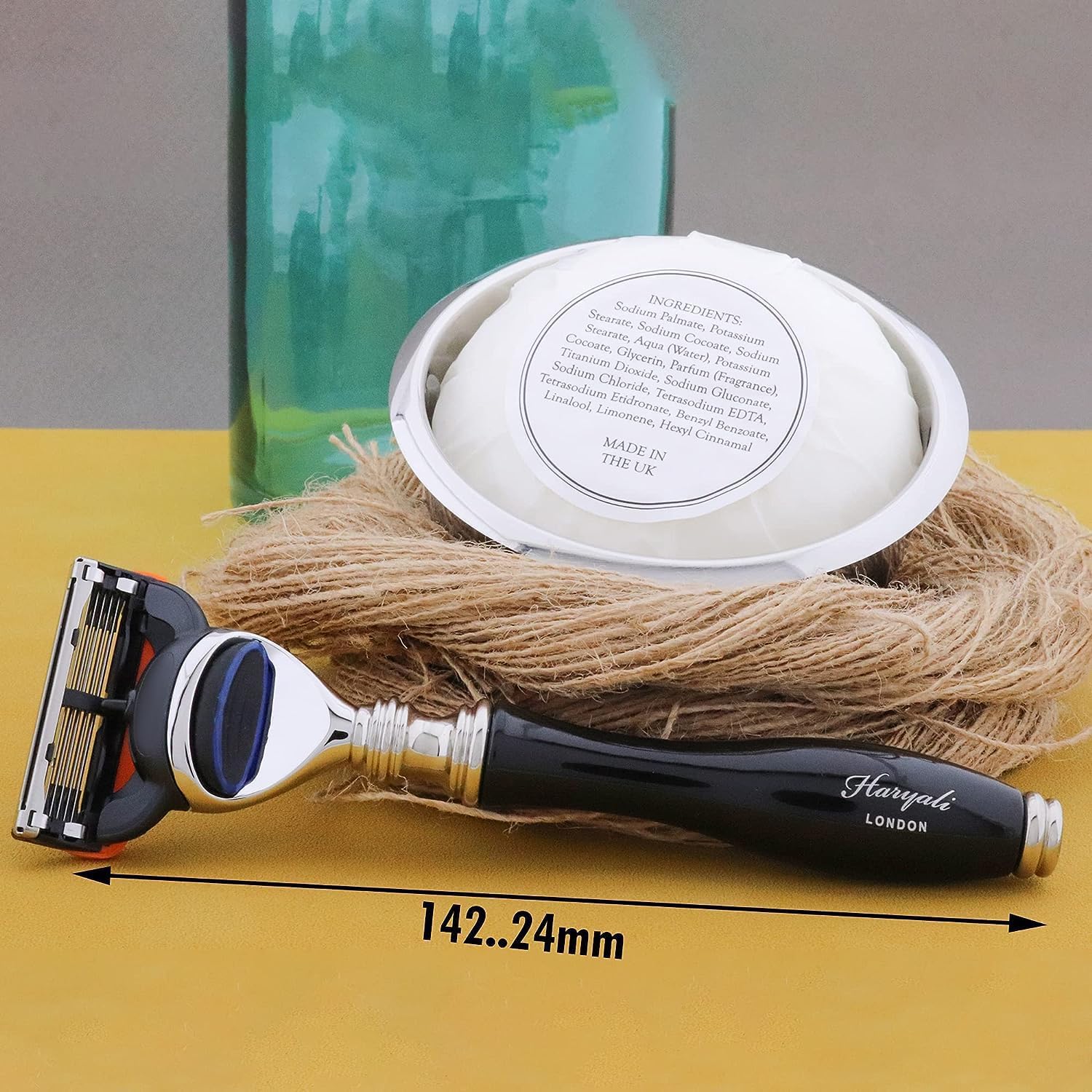 Haryali London, Kit da barba da 5 pezzi – Set da barba da uomo con rasoio a 5 lame, pennello da barba in pelo di tasso sintetico, ciotola da barba, supporto doppio per rasoio e sapone da barba