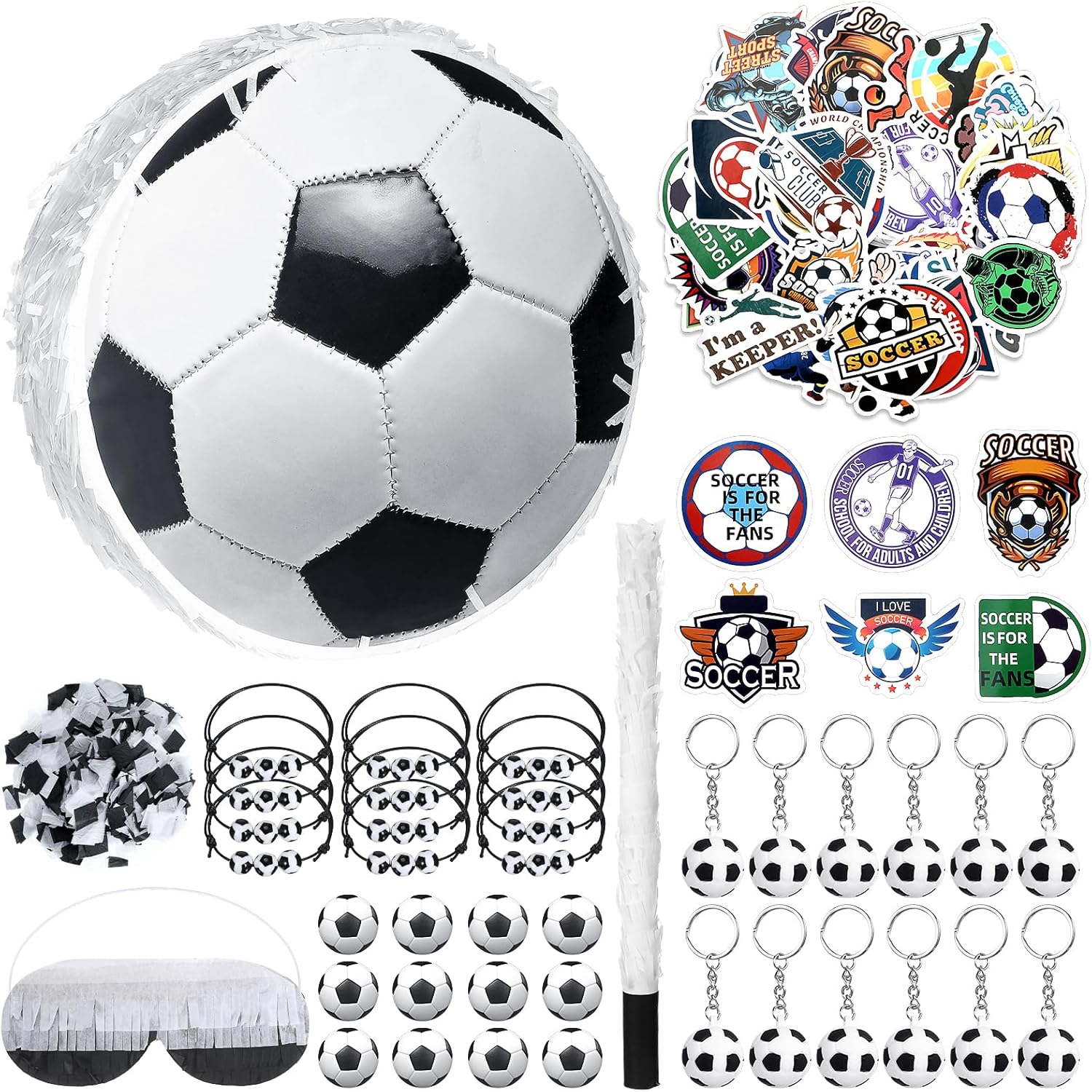 1 Ball Piñata Set with Blindfold, Baton and Paper Scrap, Stickers, Keychains, Bracelets, Mini Balls for Birthday Decoration Sport Themed Party Supplies(Soccer)