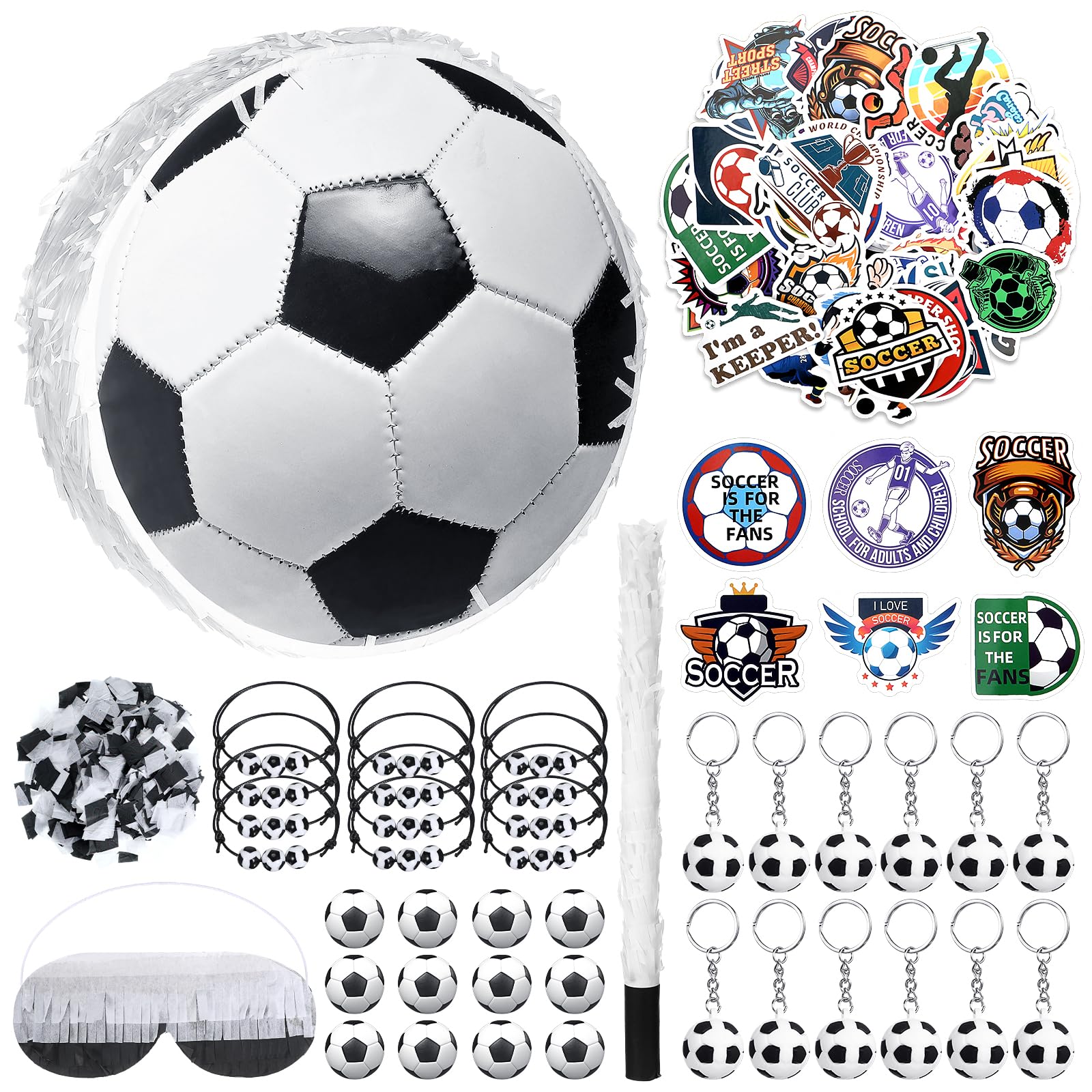 1 Ball Piñata Set with Blindfold, Baton and Paper Scrap, Stickers, Keychains, Bracelets, Mini Balls for Birthday Decoration Sport Themed Party Supplies(Soccer)