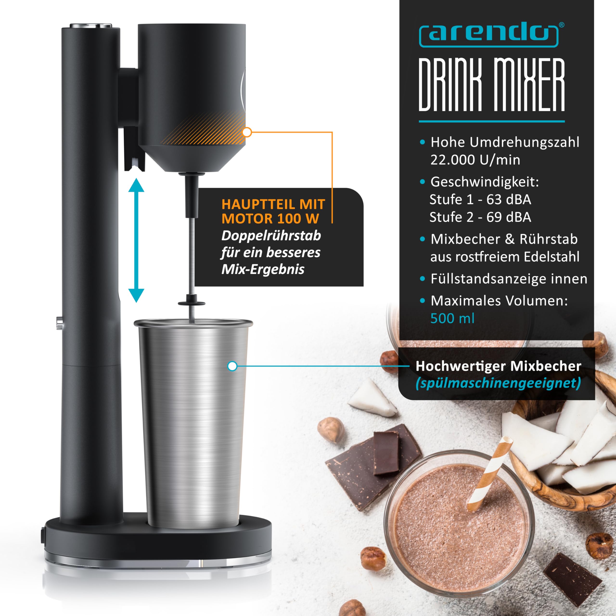 Arendo - Protein Shaker Mixer - Eiweiß Shaker - Metall Eiweißshaker Premium - 500 ml Becher Edelstahl - 22.000 U min - 2 Geschwindigkeitsstufen - Fitness Protein Drinks Smoothies Milchshakes