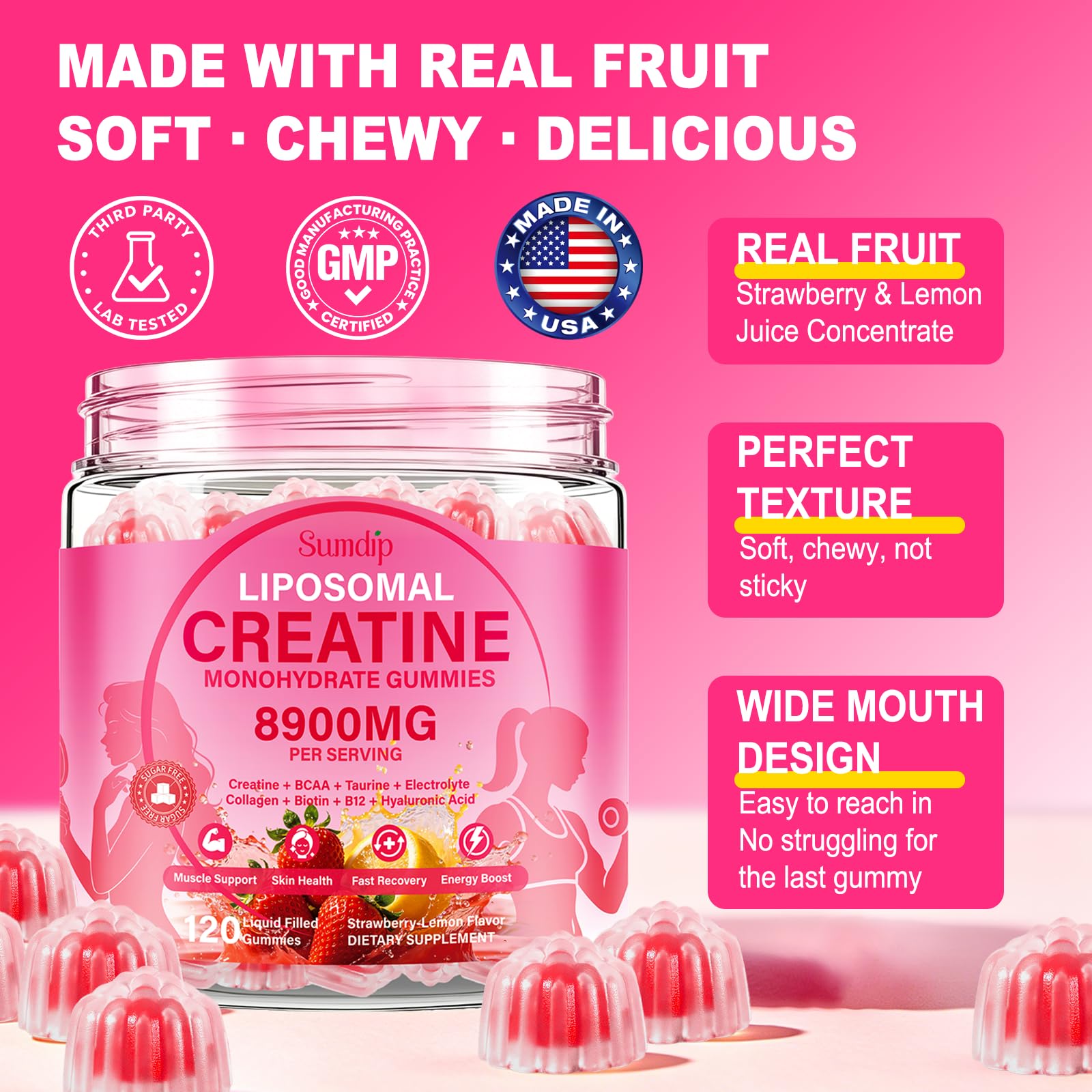 Creatine Gummies for Women with Collagen, BCAA, Vitamin B12, 120 Count — Amazon image 6