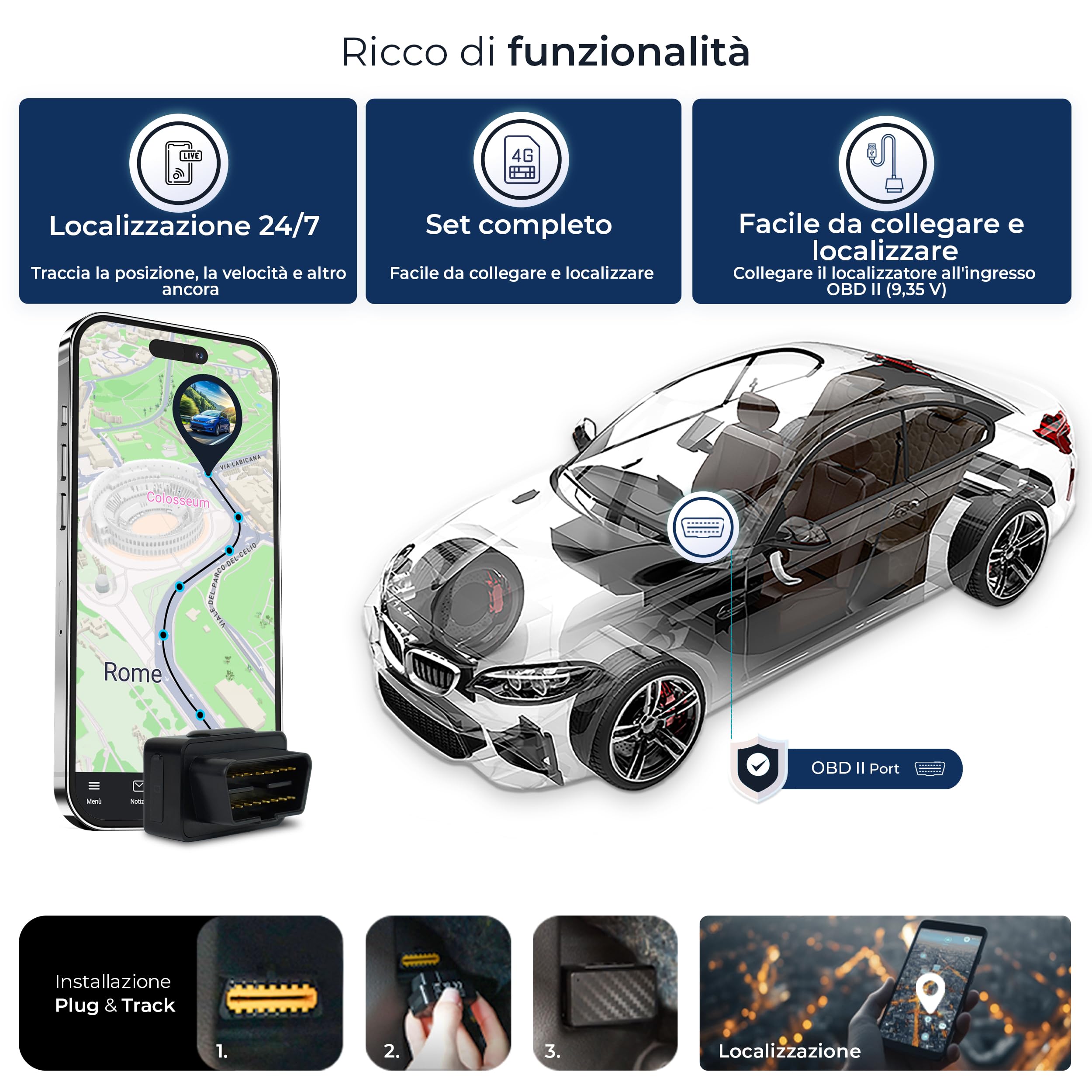 Salind 08 4G, OBD GPS Tracker, Localizzatore per Auto, Camion e Altri Veicoli, Geocalizzatore Gps con App e Connessione Diretta alla Presa OBD, Monitoraggio Percorso in Tempo Reale Tramite App