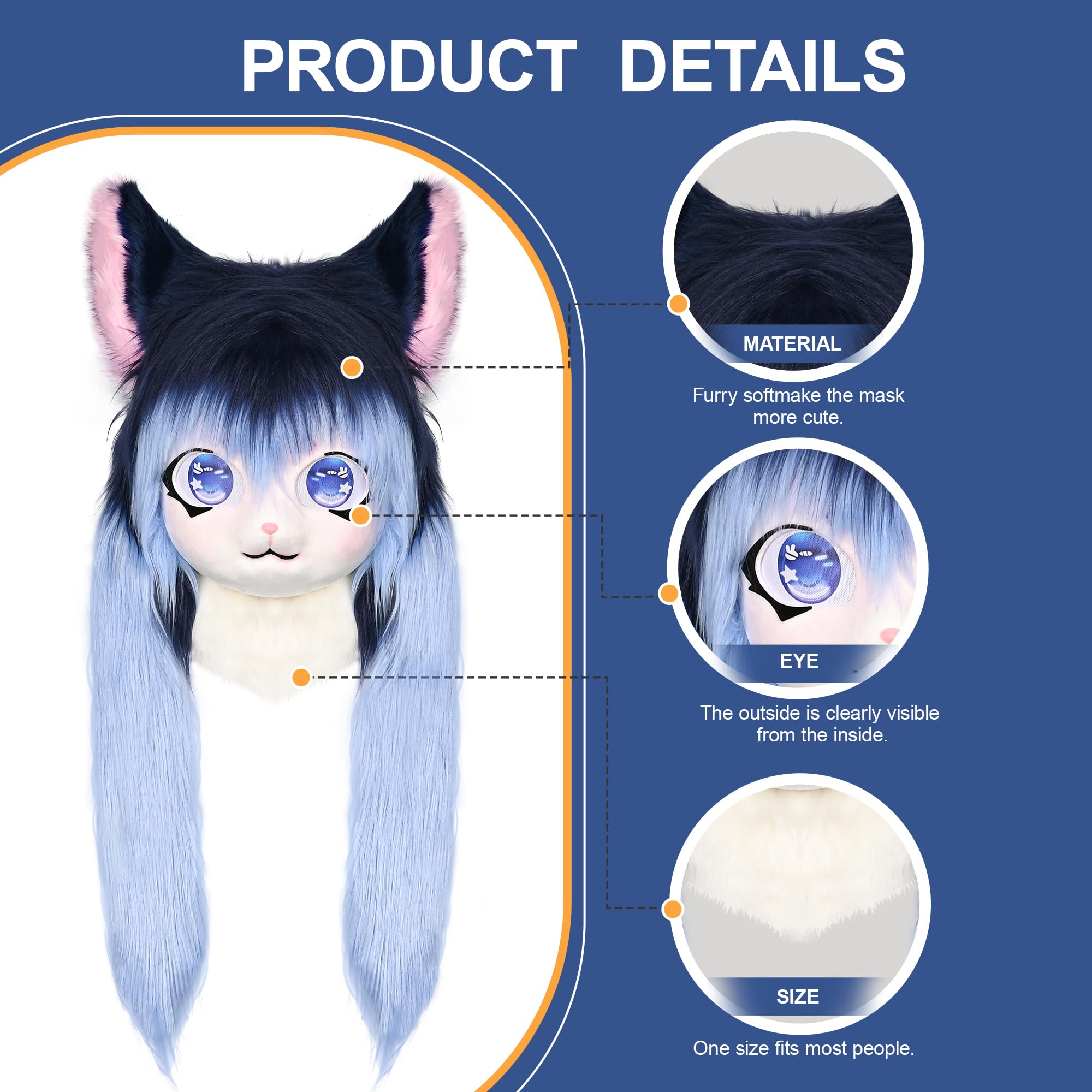 ZFKJERS Cosplay Fursuit Headgear Animal Head Cat Mask Halloween Masquerade Adults Costume Accessories Set (Dark Blue) - Image 2