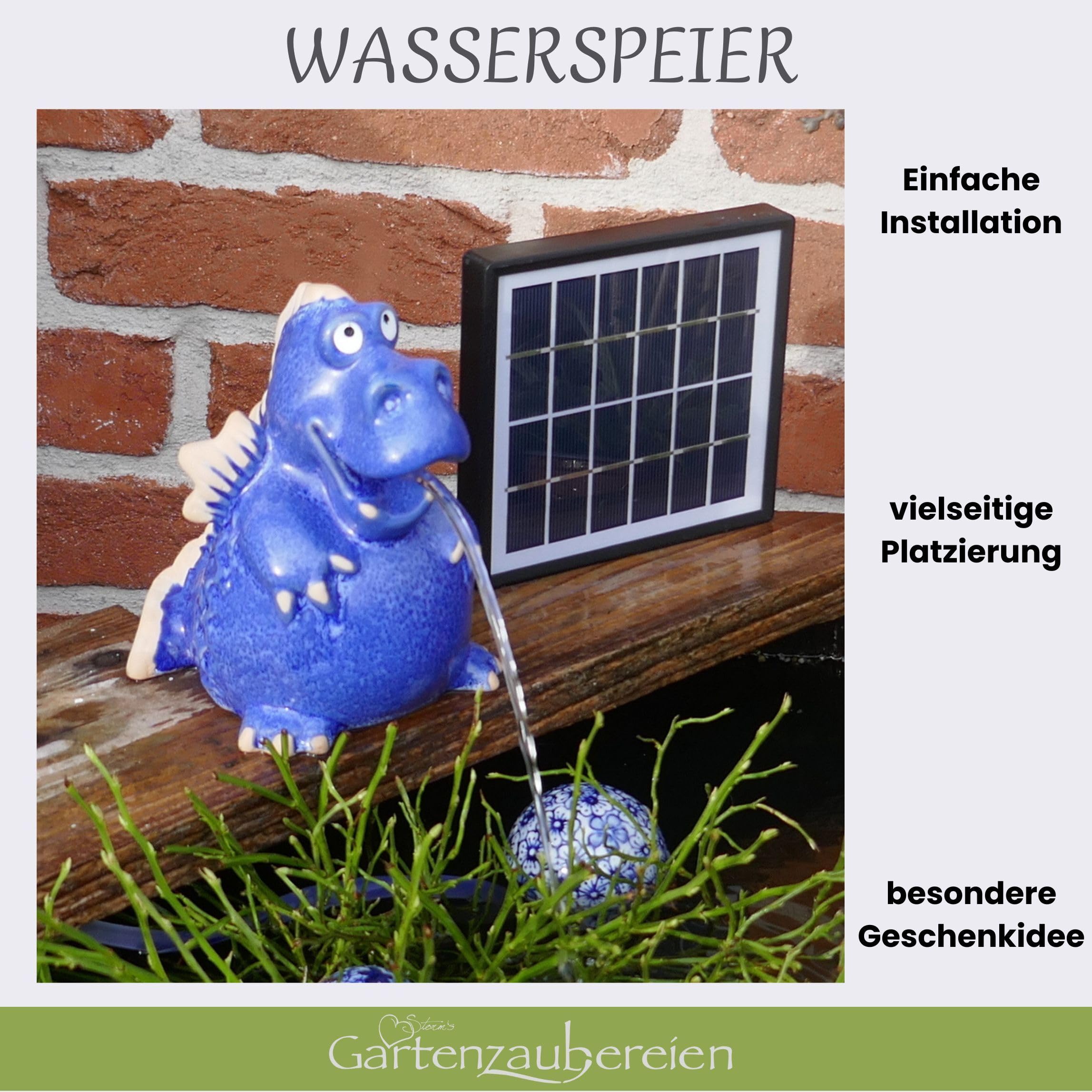 Storm's Gartenzaubereien Wasserspeier Drache - Teichfigur mit Solarpumpe 14,5cm aus Keramik als Teich- oder Miniteichdeko