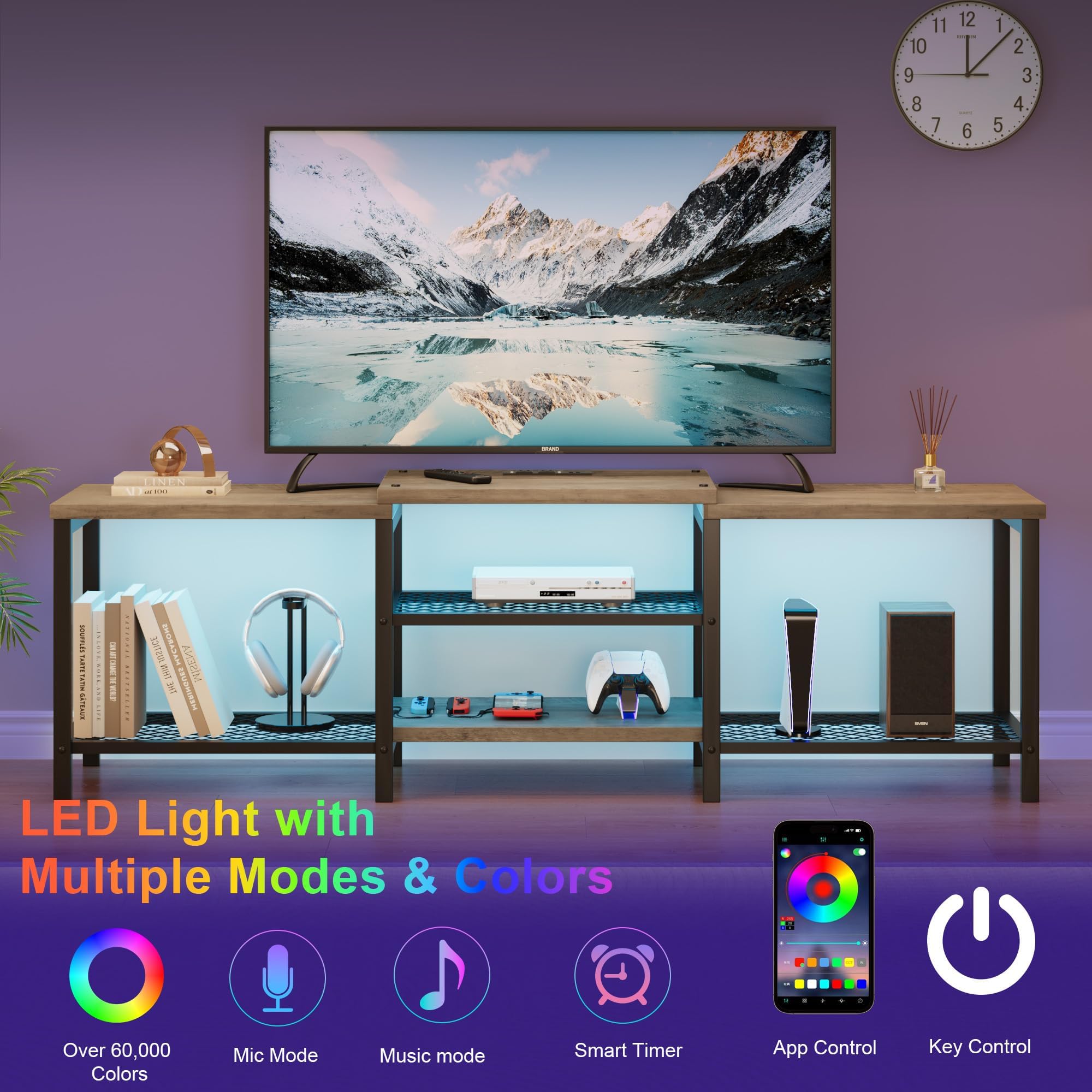 Mobile TV grigio 170cm con presa, struttura metallo per soggiorno | Struttura in metallo resistente, presa integrata per ricarica, ripiano aperto per dispositivi, gestione cavi ordinata