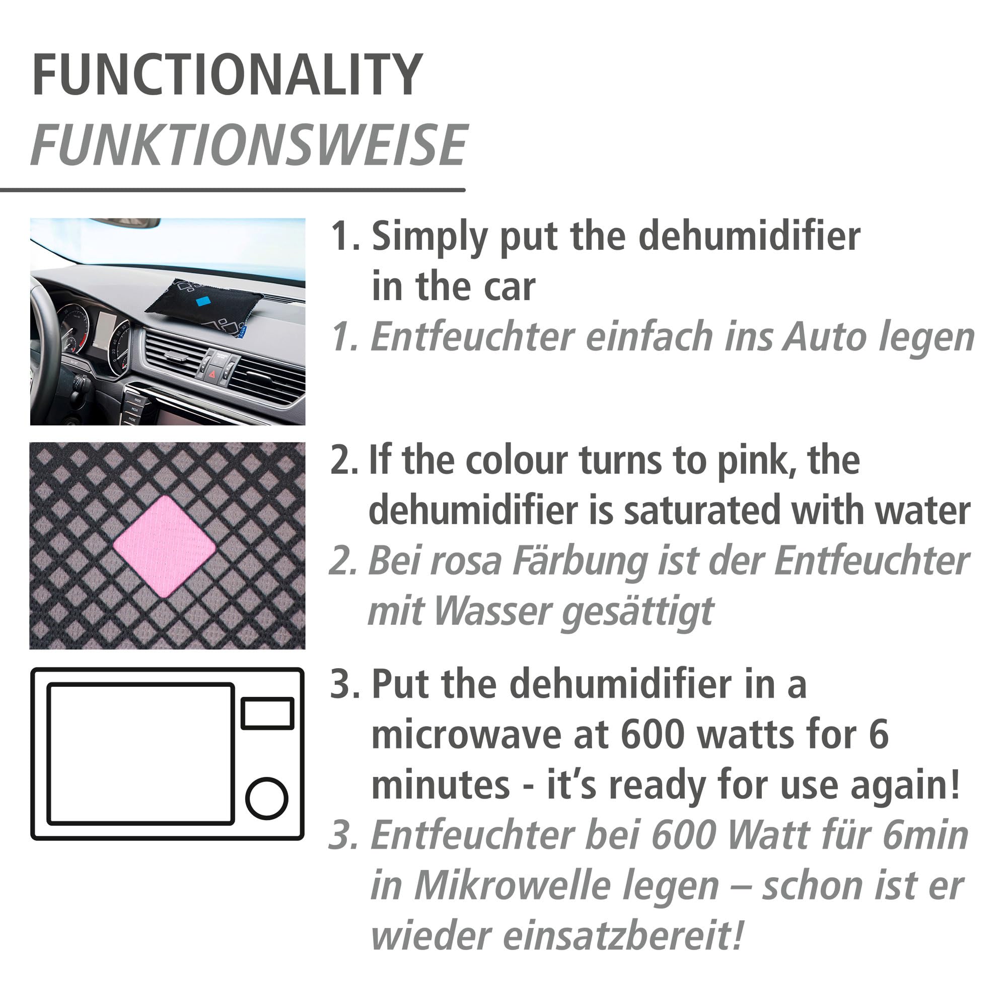WENKO Absorbeur d'humidité voiture 2 x 500g | Désumidificateur réutilisable avec indicateur | Silicagel pour enlever buée pare-brise | Couleur noir | Dimensions 20 x 3 x 12 cm