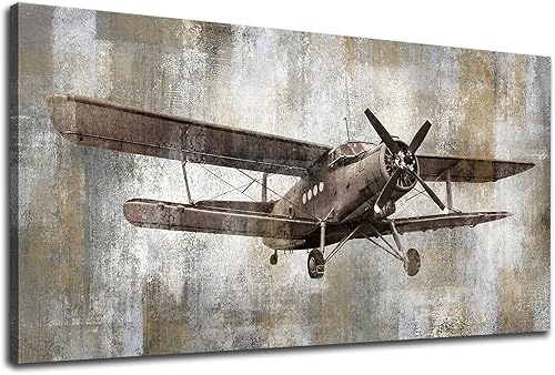 yearainn Lienzo decorativo vintage para pared, diseño de aviones retro, fondo abstracto en tono gris, decoración de pared, elegancia rústica, lienzo