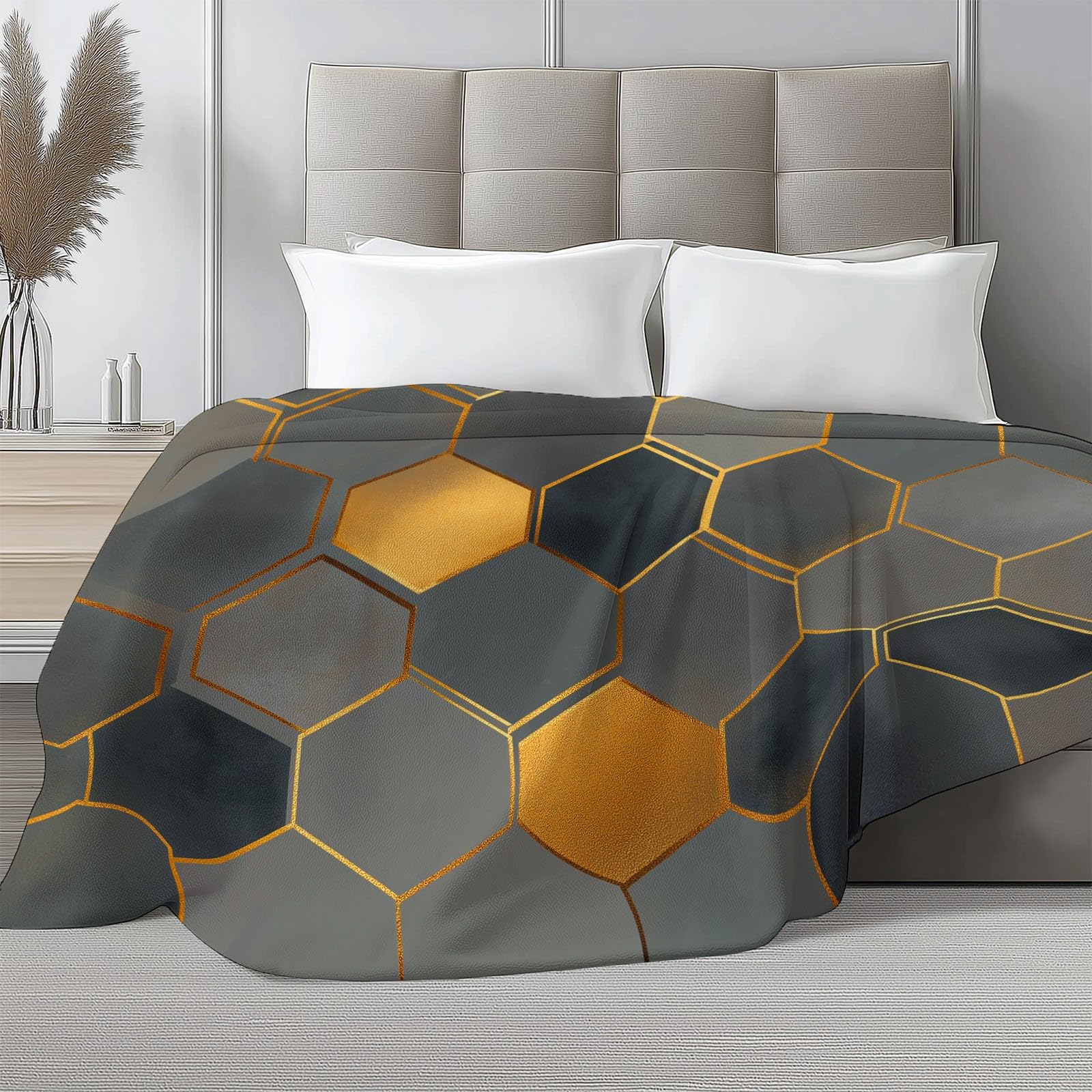 Sztuka geometryczna miękki ciepły koc abstrakcyjny o strukturze plastra miodu sześciokąt koc na łóżko miękki ciepły polar flanelowy dla dziewcząt i chłopców - przytulny i lekki na wszystkie pory roku