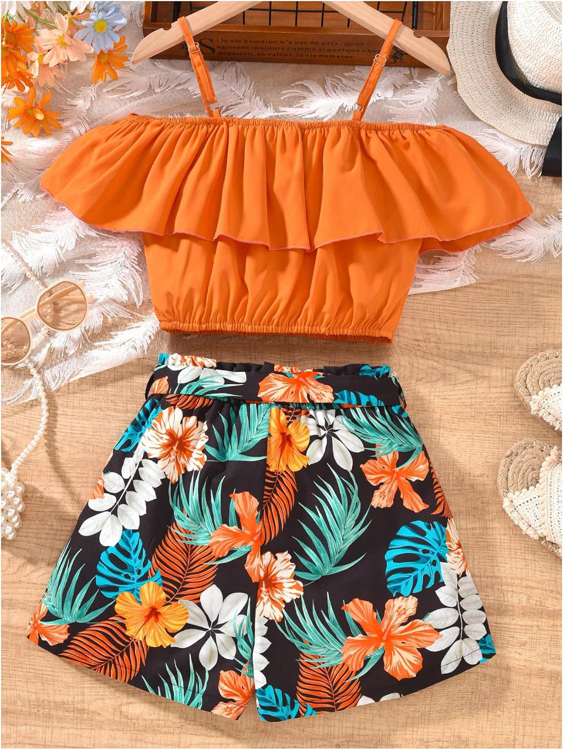 SHENHE Girl's Summer 2 Piece Outfits Cold Shoulder Ruffle Crop Top and Tropical Belted Shorts Set