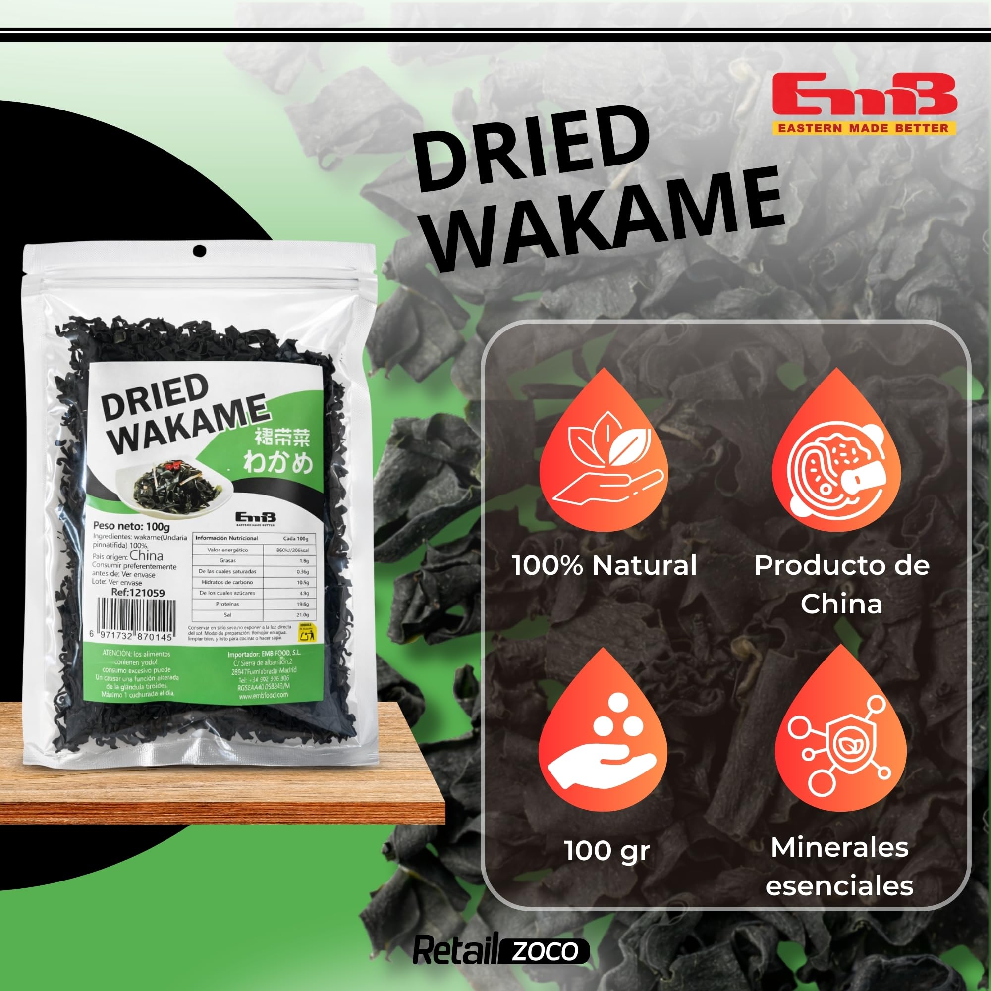 Wakame Sushi, Alga wakame deshidratada, ideal para ensaladas, combinar con verduras, añadir a sopas o hacer caldos, etc., Ensaladas y más, Contiene 1 bolsa de 100 gr