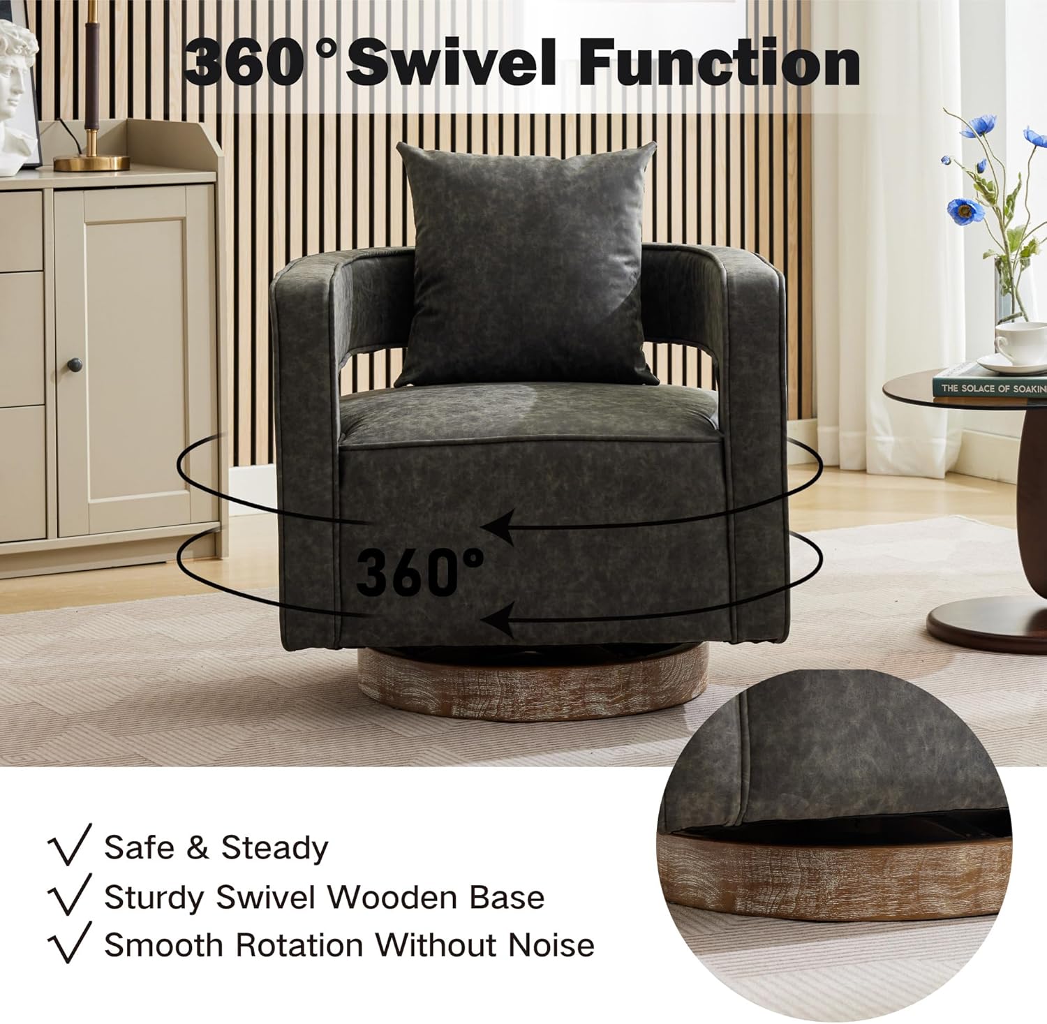 Chifee & Vingol 29.1" PU Leather Swivel Accent Chair Mid Century Retro Barrel Chair with Solid Wood Base,Grey