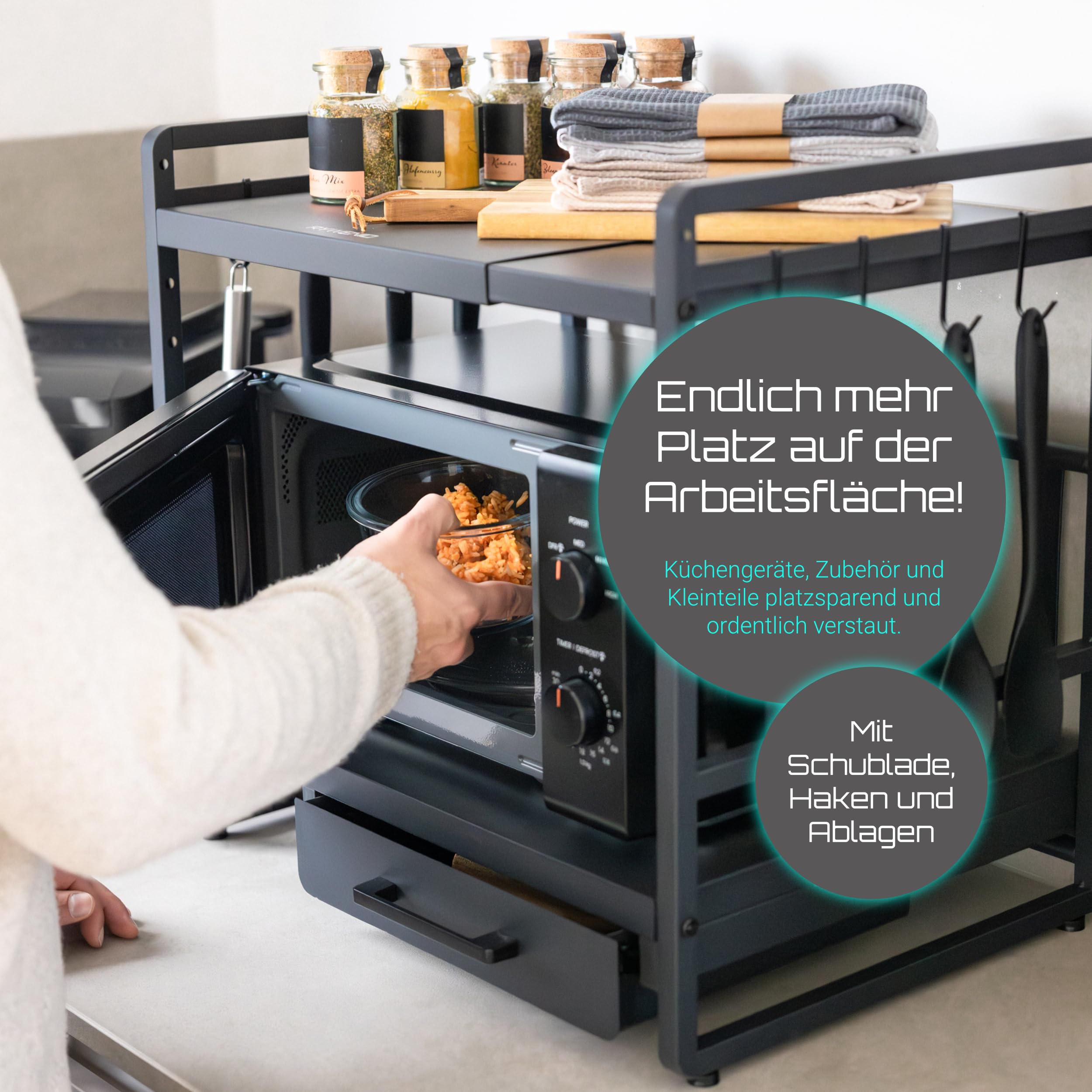 Mikrowellenregal mit Schublade höhenverstellbar, Regal Mikrowelle schwarz | Küchenorganizer Regal für Arbeitsplatte, stabil bis 50kg, erweiterbar 40-64cm, Küchenregal für maximale Ordnung in der Küche