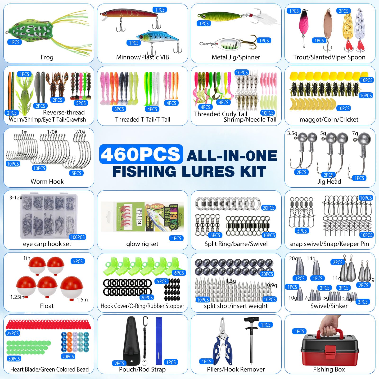 Kit Peche 460 Pièces – Matériel de Pêche Complet avec Leurres, Hameçons, Accessoires et Boîte de Rangement, pour Débutants et Pêcheurs Expérimentés