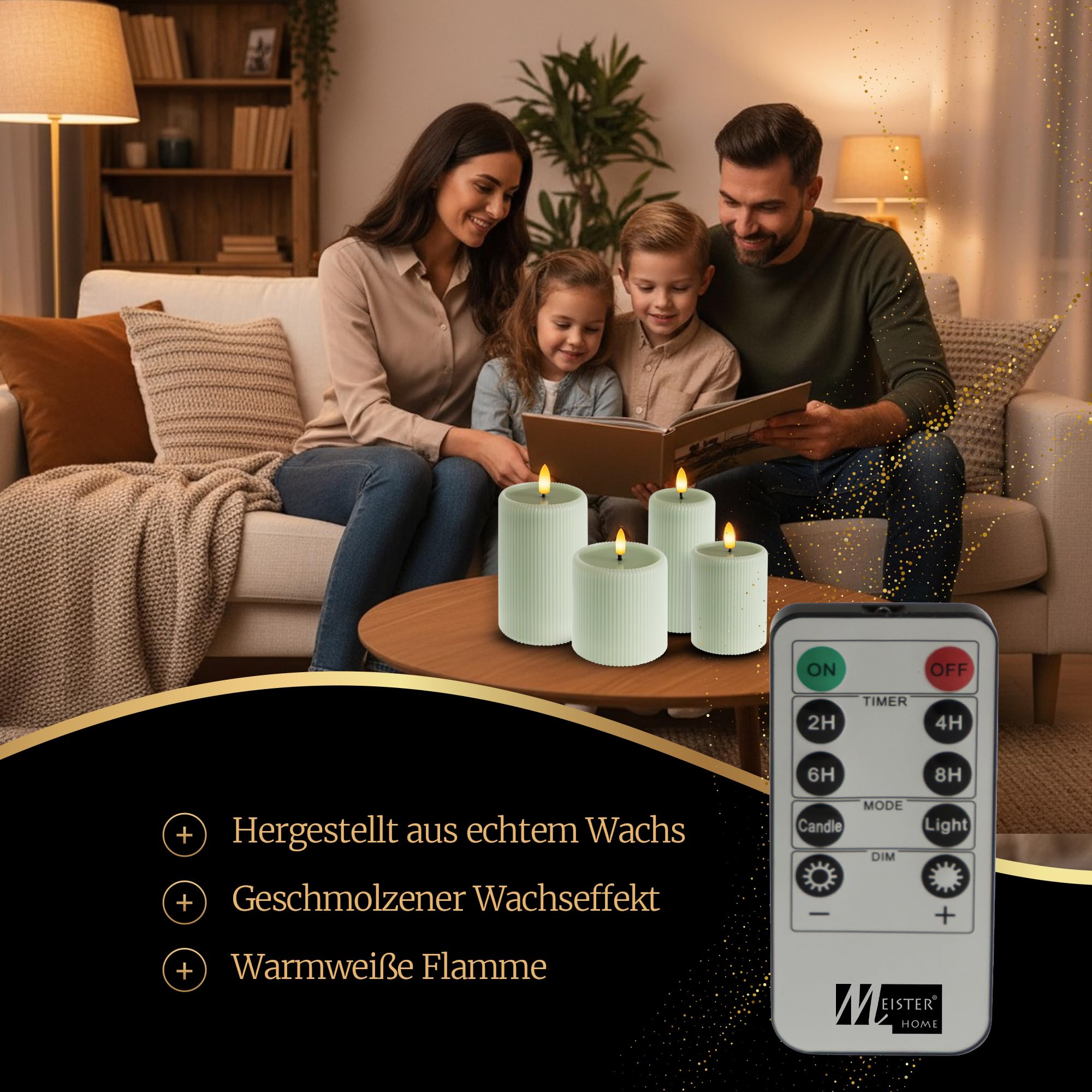 Meisterhome® LED-Kerzen 4er-Set Sage - Flammenlos – Stumpenkerzen mit Fernbedienung & Timer – batteriebetrieben – warmweißes Licht – Ø 7,5/10 cm, Höhe 10/15 cm – Riffel-Design – flackernde Flamme