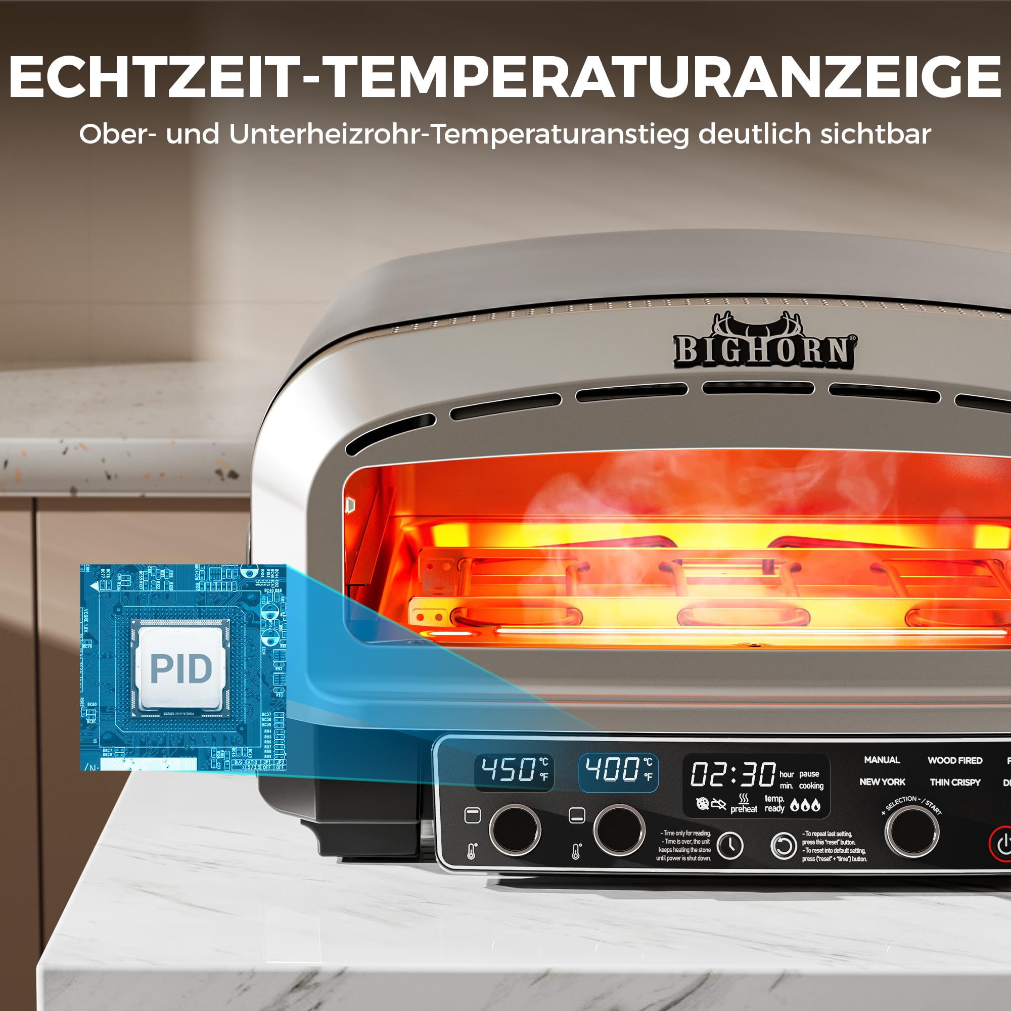 BIG HORN OUTDOORS Pizzaofen für den Innenbereich, 35 cm Elektro-Tischpizzaofen mit 6 voreingestellten Modi, perfekte Pizza-Backmaschine für zu Hause, Pizzaofen mit Pizzastein und Pizzaschaufel
