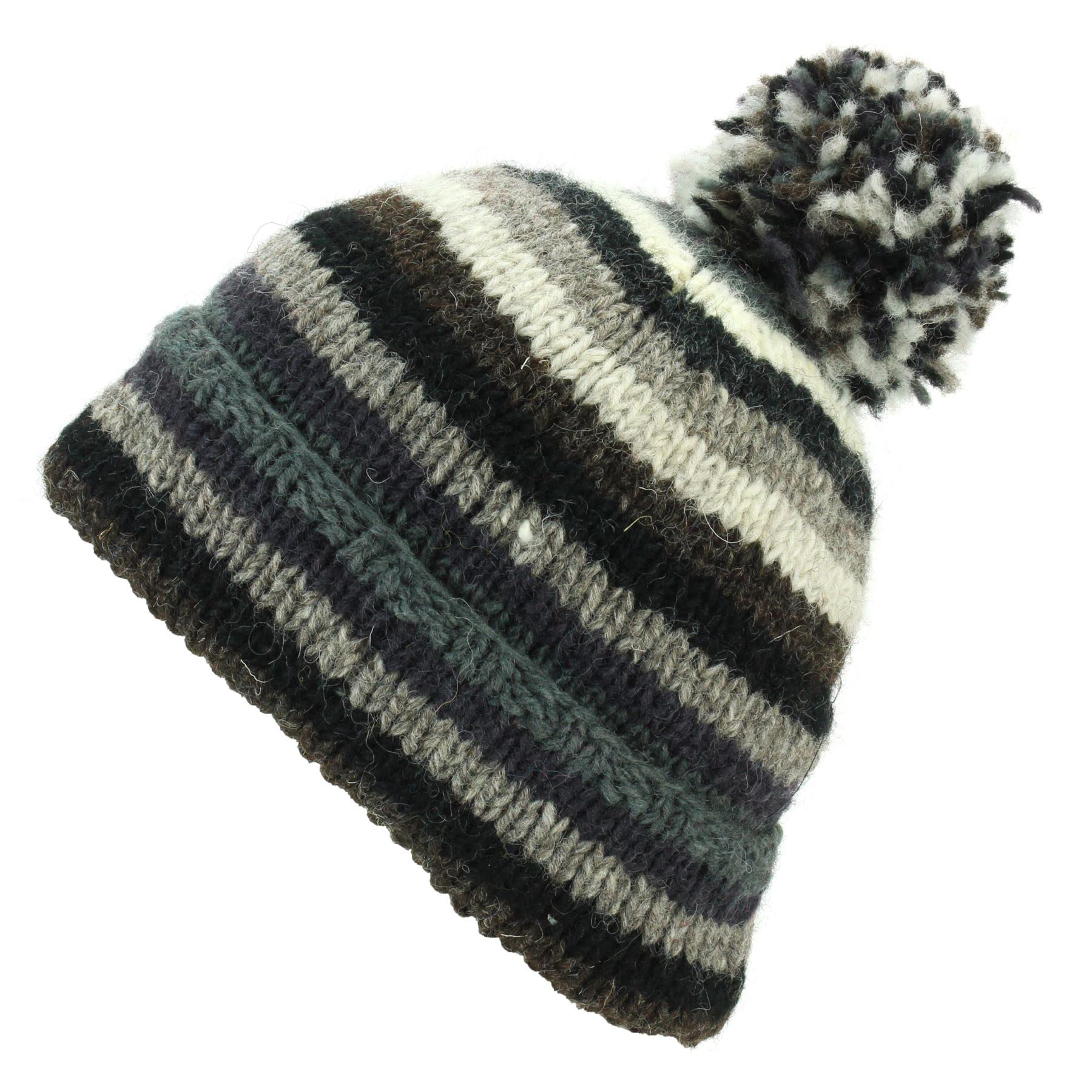 Loudelephant Unisex Stripe Greys Chunky Wool Knit Beanie Bobble Hat