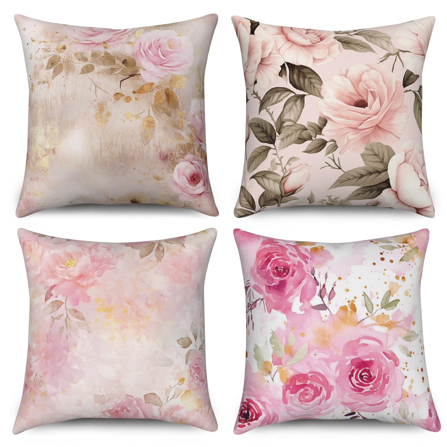 ASDCXZ Flower Pillow Cover Set, 50x50 cm, 4pcs - Spring Retro Rose Flower Leaves Sofa Deco Washable Polyester Flax Textile Outdoor Pillow Cover โ image 1
