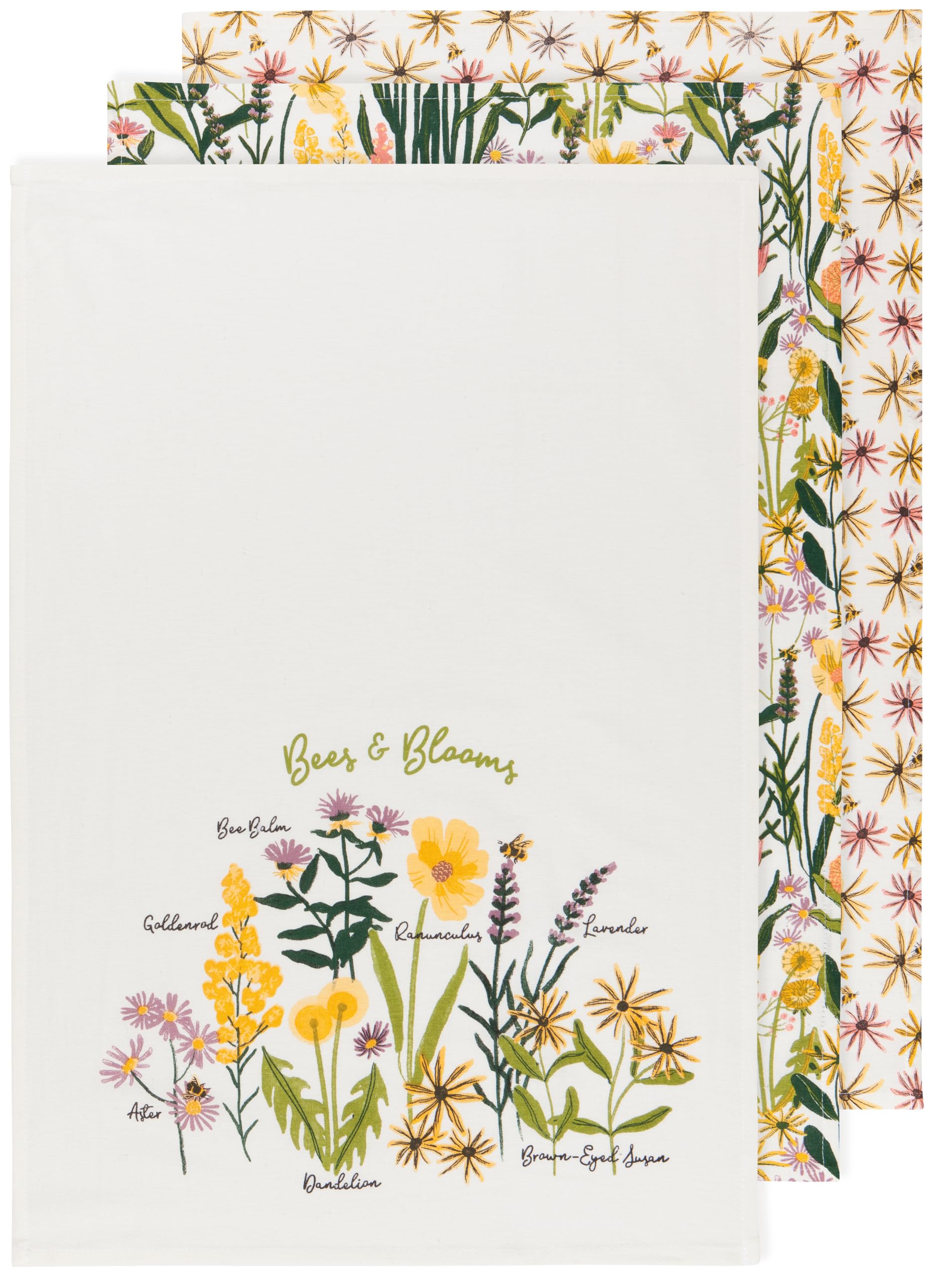 Now Designs Bees & Blooms Bakers Floursack Cotton Dishtowels, Set of 3