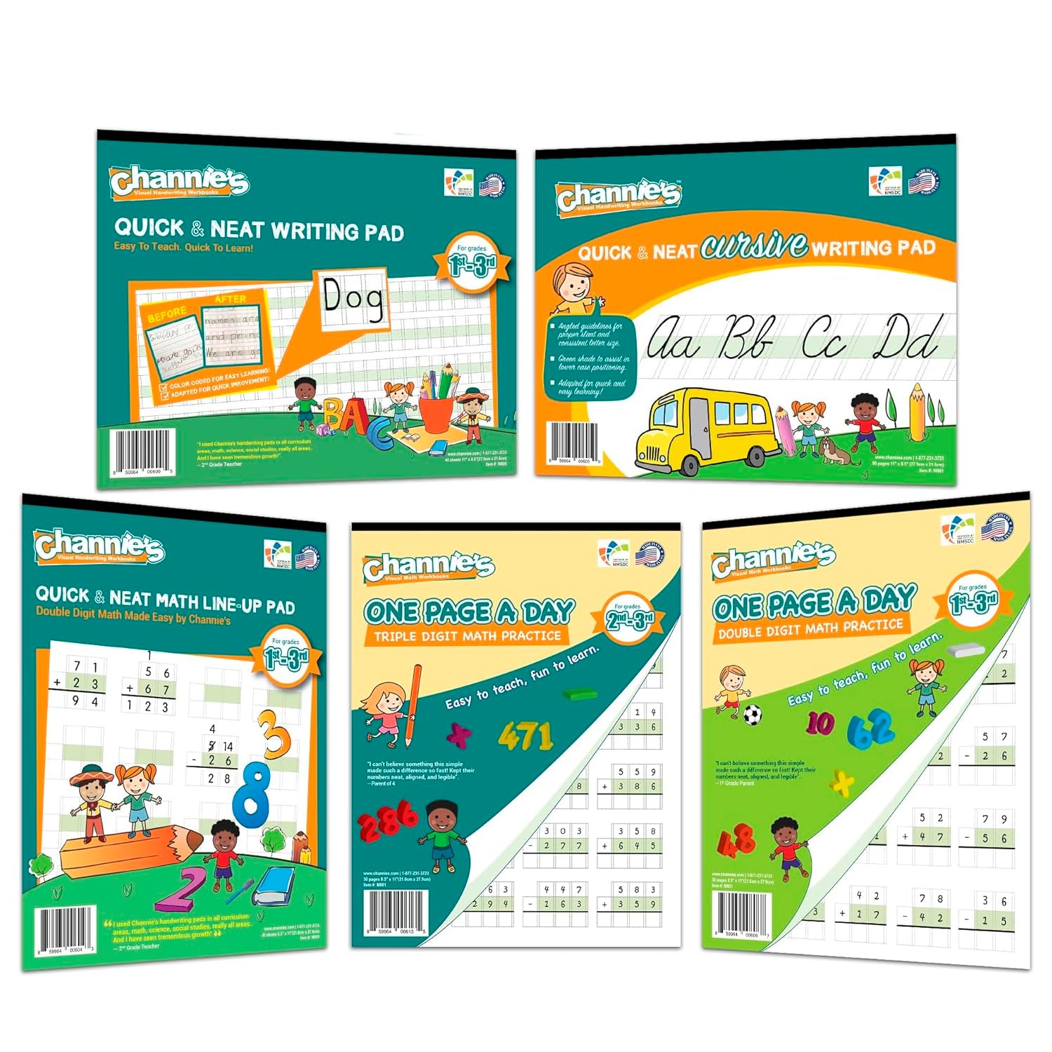 Best value Channie’s Visual Math, Handwriting, and Cursive Bonus Pack of 5 Separate Workbooks, Grades 1st – 3rd, With FREE Alphabet Card - Learning Workbook for Homeschool and After School