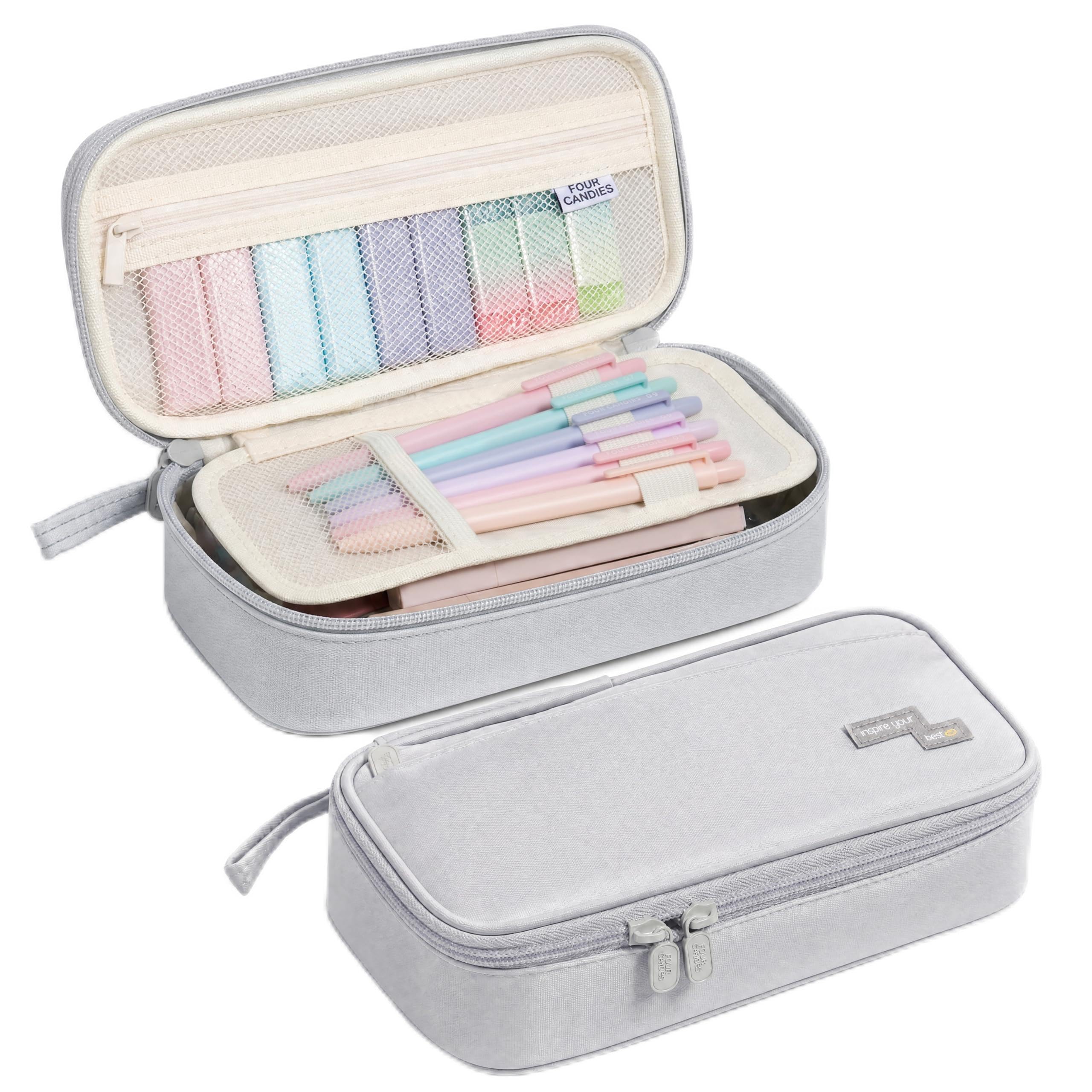 Four Candies Large Pencil Case, 5 Compartments Pen Organizer, Big Capacity Canvas Pencil Pouch Bag for School Supplies, Portable Stationery Holder for Teen Girls, Women (Light Gray)