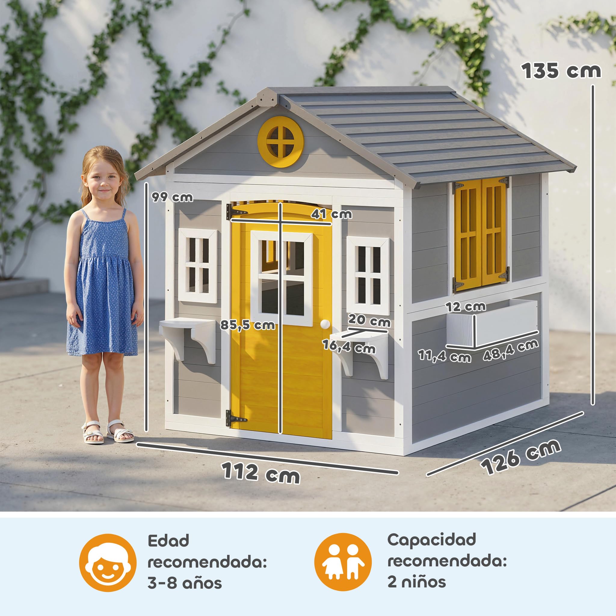 Outsunny Casita Infantil Exterior e Interior de Madera, Casita Infantil con Puerta, Ventanas, Jardineras y Soportes de Flores, Casa de Jardín para Niños de 3-8 Años, Gris — view 7
