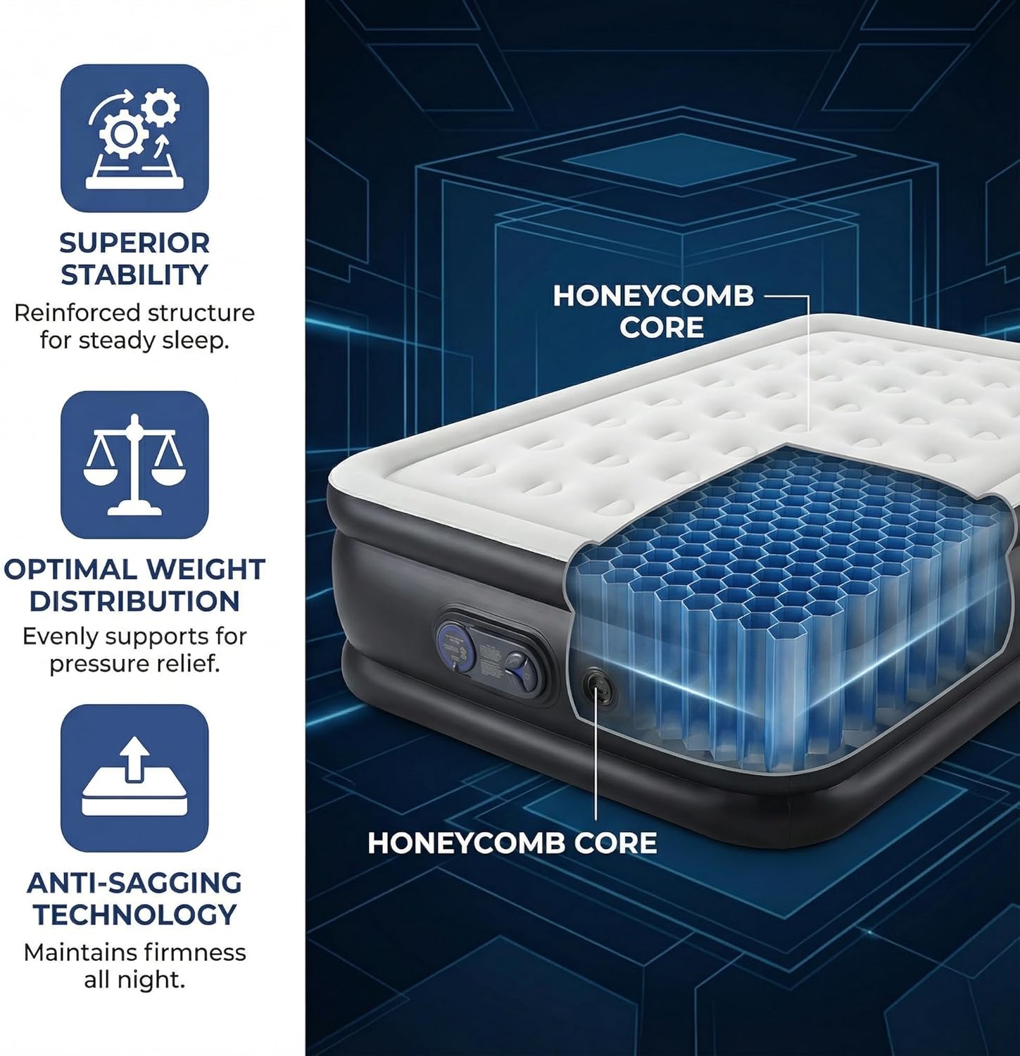 FansaFurn 18" Inflatable Air Mattress with Built-in Pump, Double Height, Non-Slip, 660lb Capacity - Queen Size