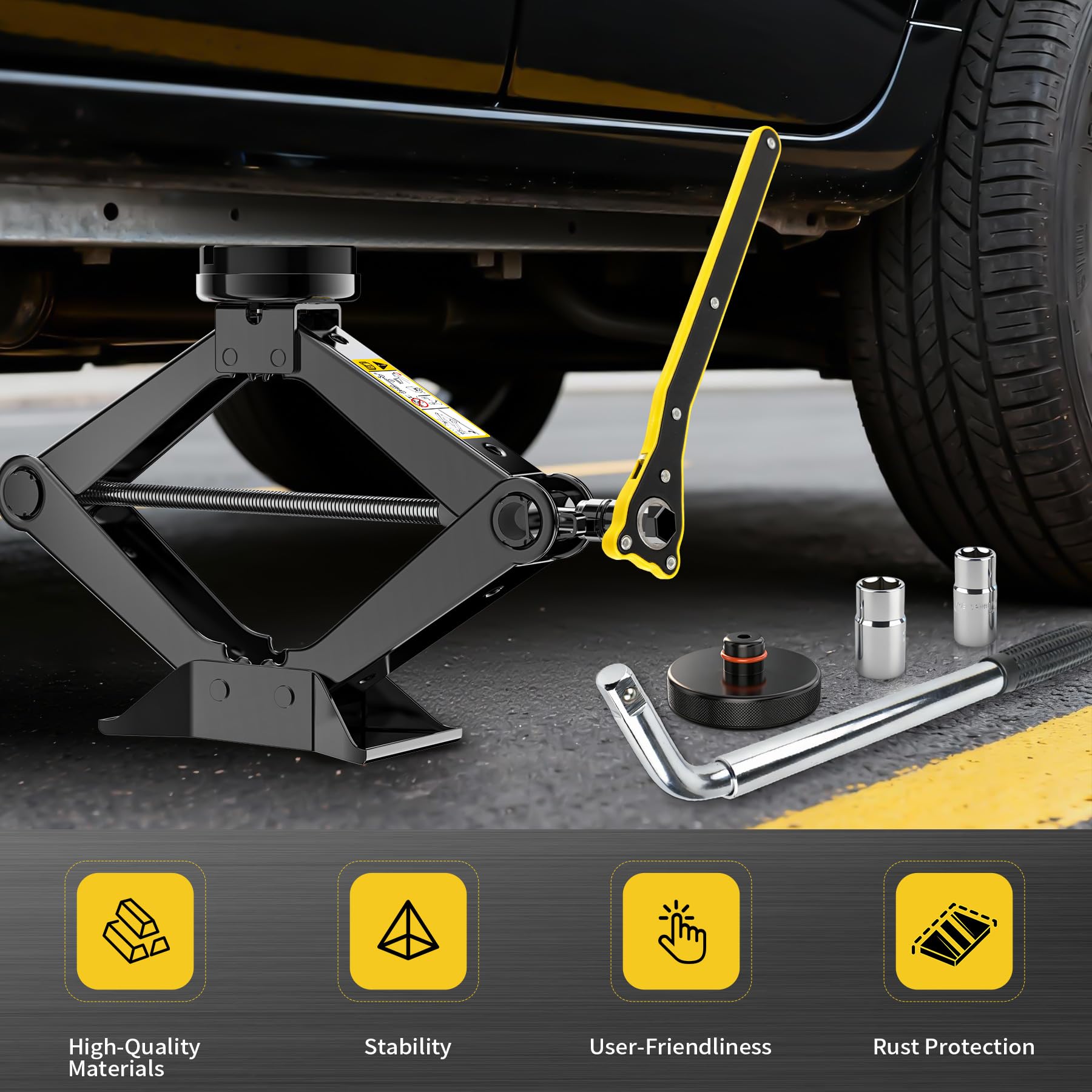 Cric per Auto Ispessito 1.5T, Kit Completo Include Chiave a Cricchetto Leva Telescopica per Pneumatici e 2 Cuscinetti in Gomma, Crick Auto per Cambio Gomme di Emergenza Portatile per SUV