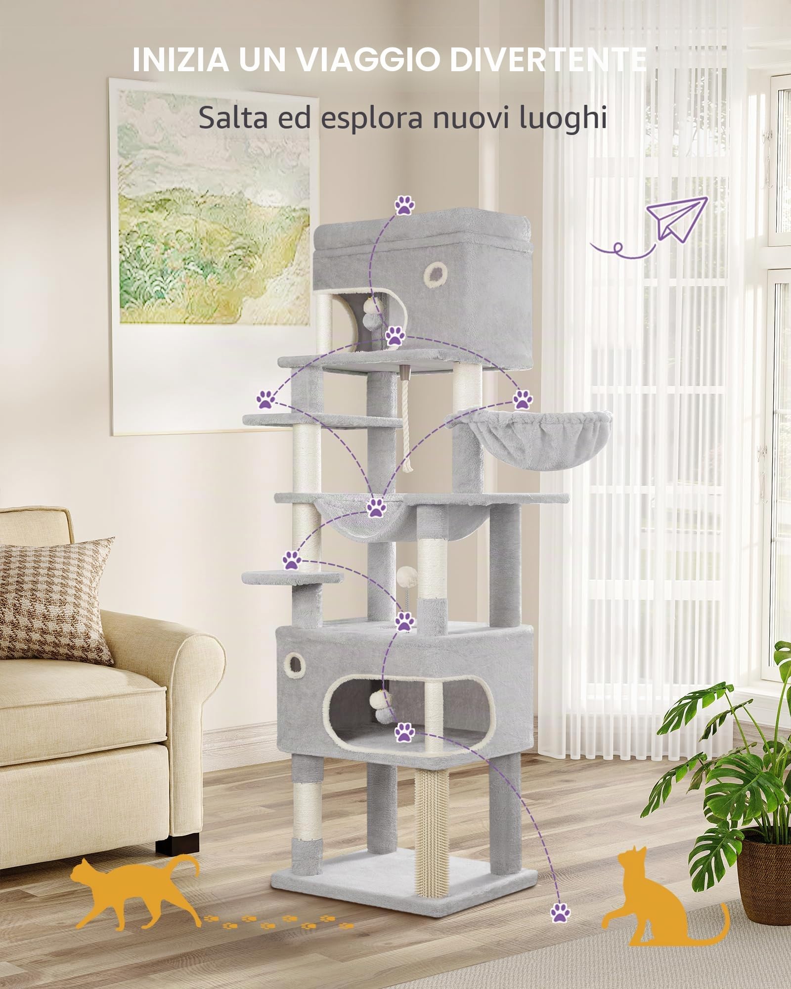 Hzuaneri Tiragraffi per Gatti, Albero per Gatti Multistrato da 178 cm con Grande Piattaforma, 2 Grotte, 7 Pali in Sisal, Pompon, Cesta, Amaca, Grigio Chiaro MS17818LG