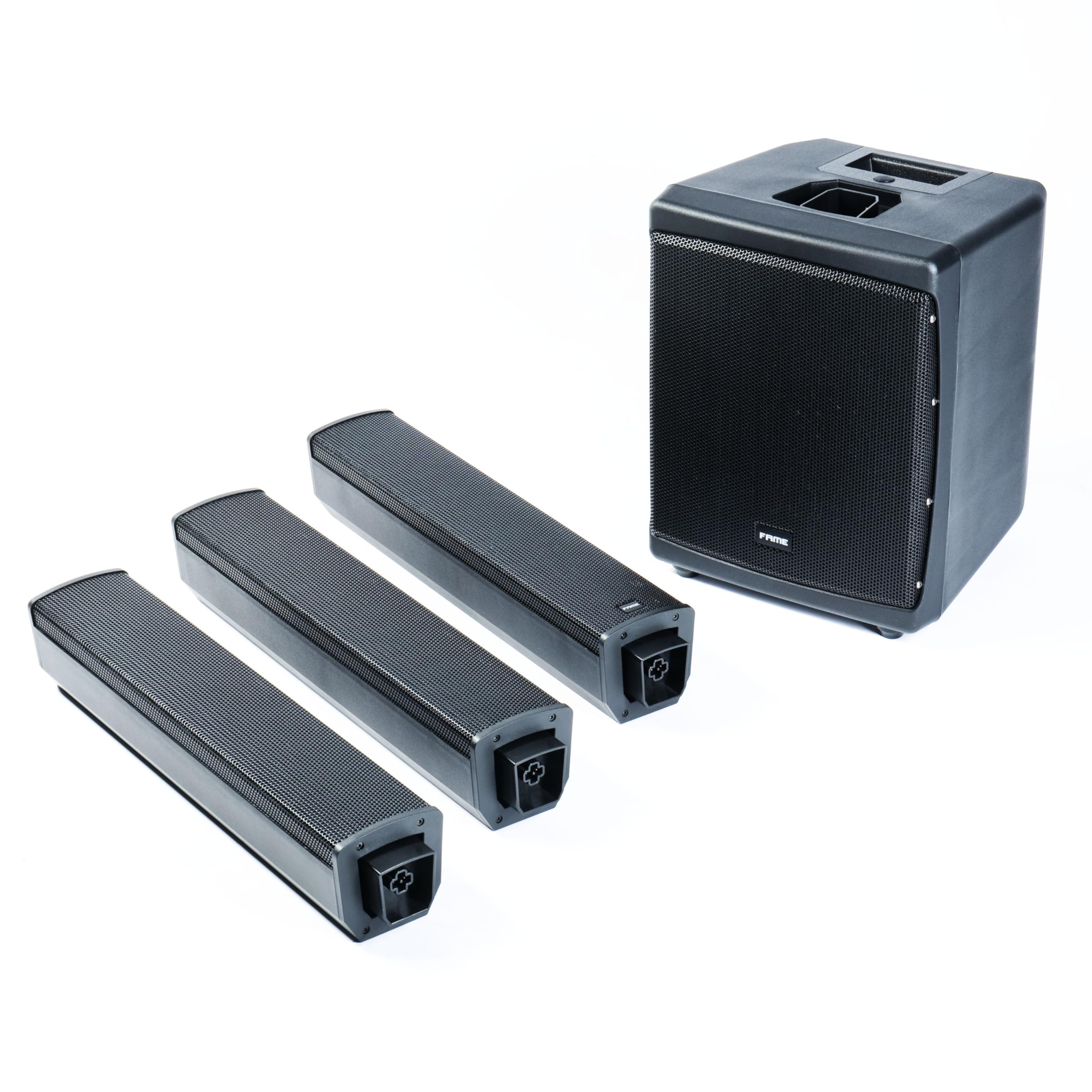 Fame Audio Everest 8 Mobile Akku Lautsprecher, Aktives PA Säulensystem, 200W RMS 800W Peak, 8 Zoll Subwoofer, 6X 2,75 Zoll Wideband Satellit, Bluetooth, 90° Abstrahlwinkel, Leichtgewicht 14.5kg