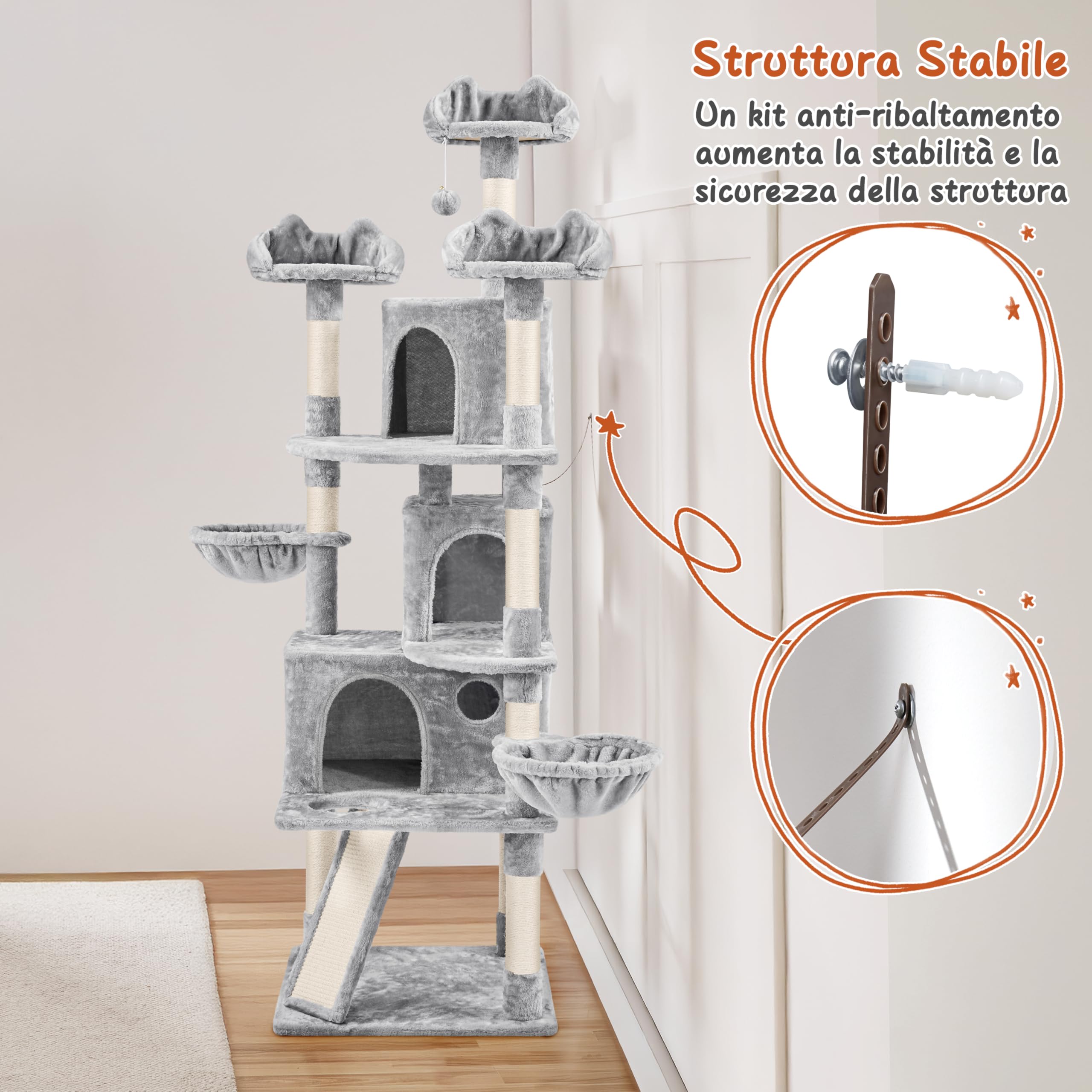 Yaheetech Albero Tiragraffi per Gatti Altezza 194 cm in Truciolato e Corda in Sisal con 3 Casette Rampa e Ceste Multilivello Grigio Chiaro